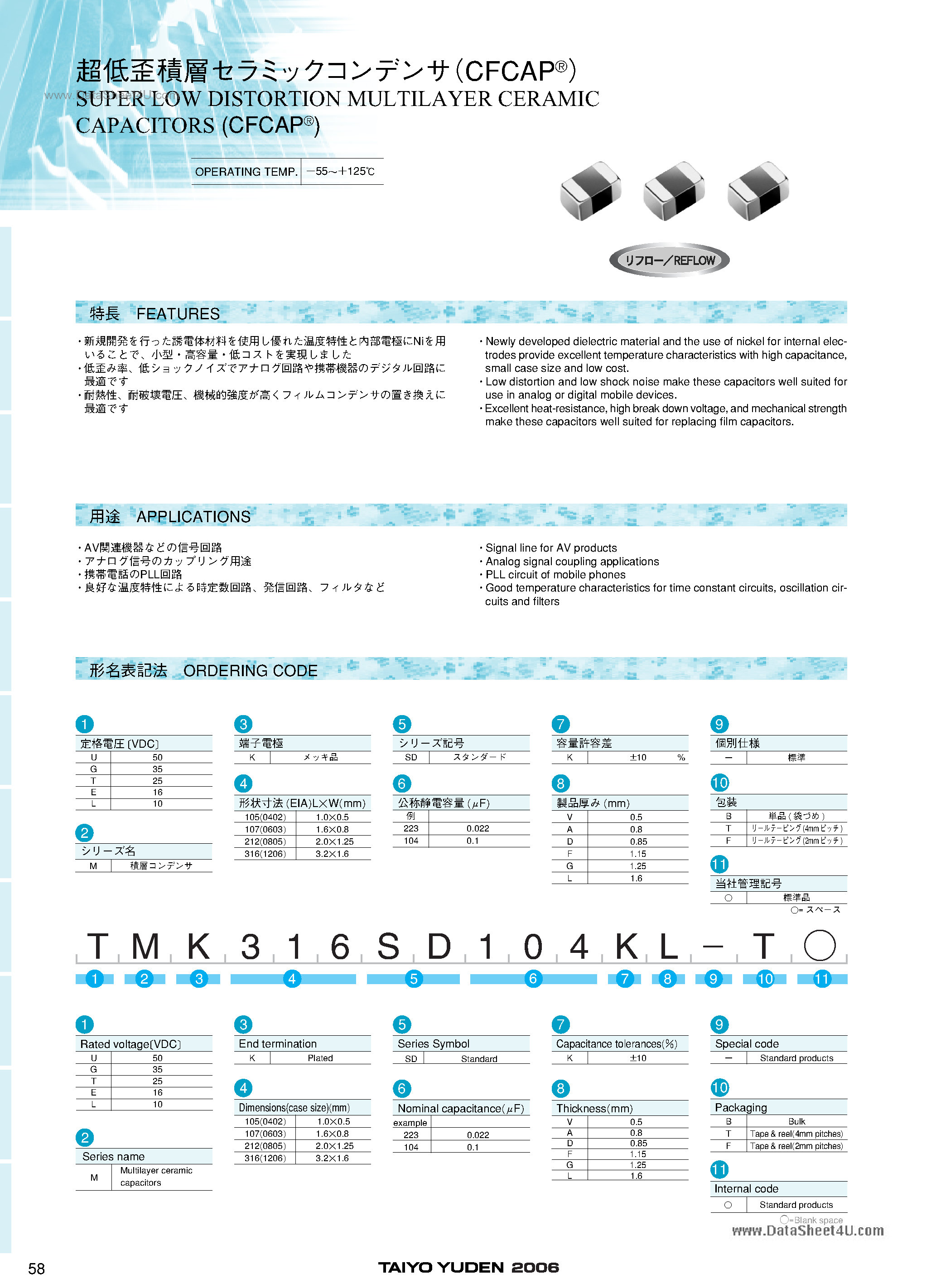 Даташит EMK105SD222JV-F - Super Low Distortion Multilayer Ceramic Capacitors страница 1