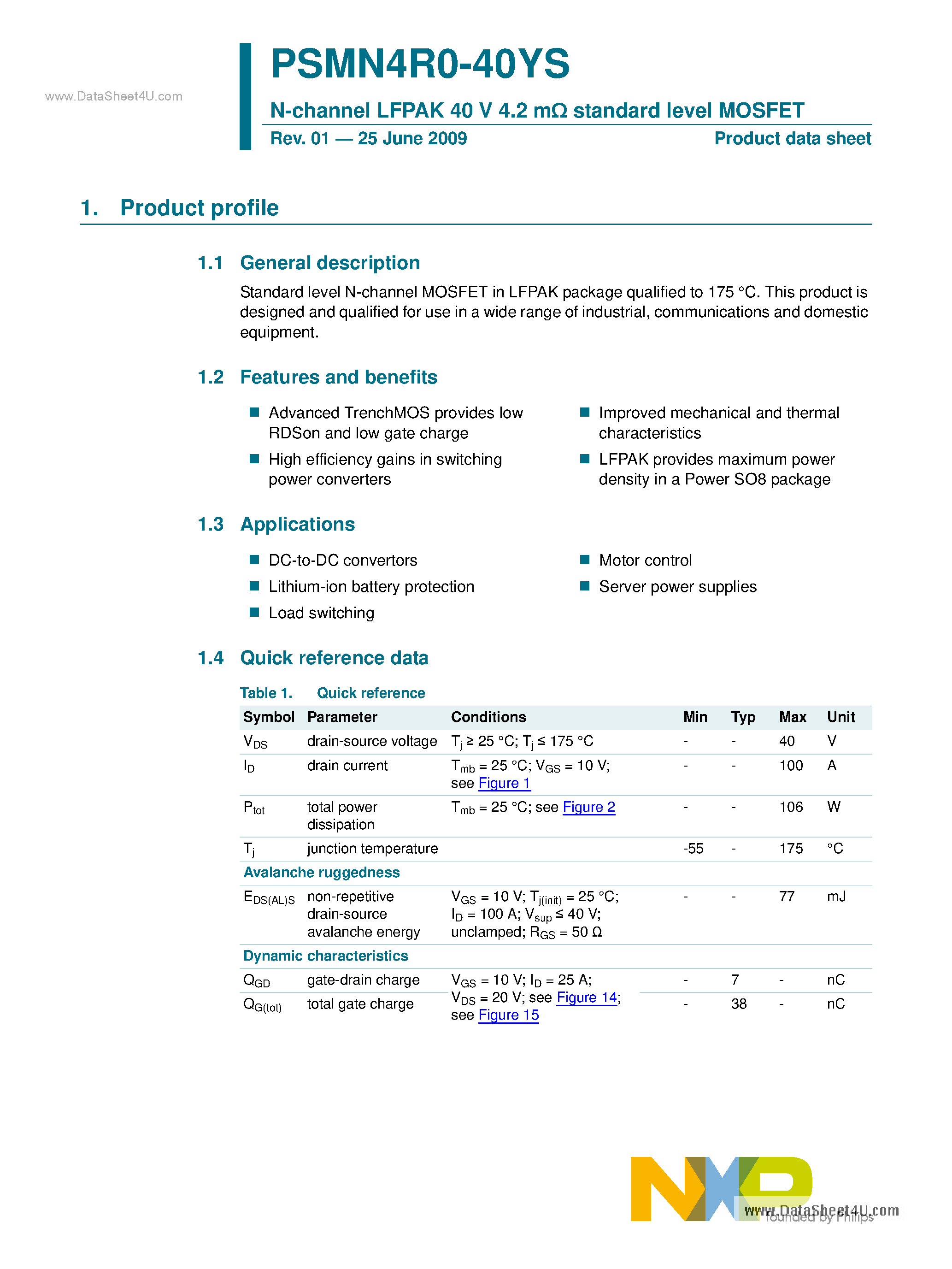 Даташит PSMN4R0-40YS - N-channel LFPAK 40 V 4.2 MOhm Standard Level MOSFET страница 1