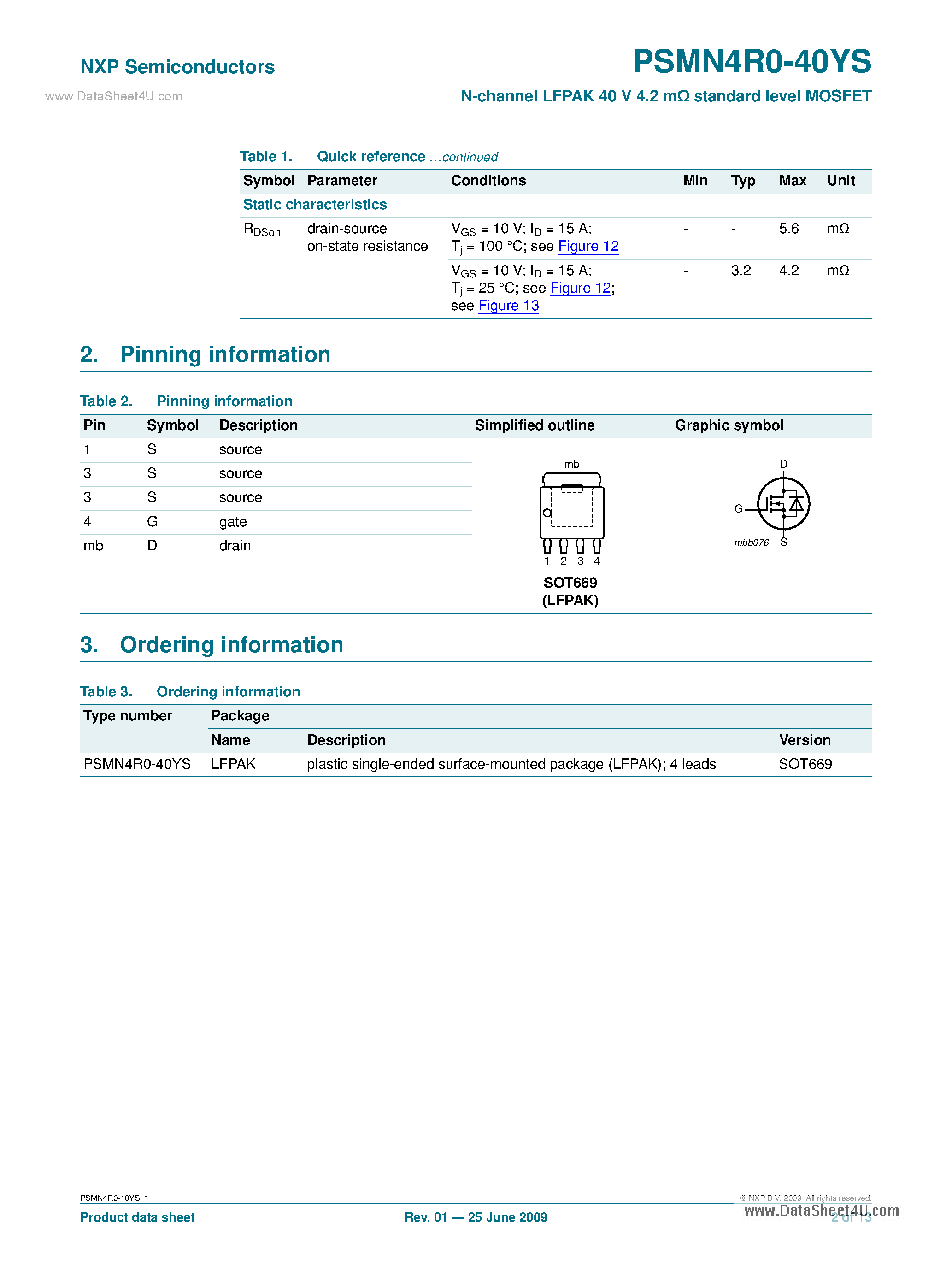 Даташит PSMN4R0-40YS - N-channel LFPAK 40 V 4.2 MOhm Standard Level MOSFET страница 2