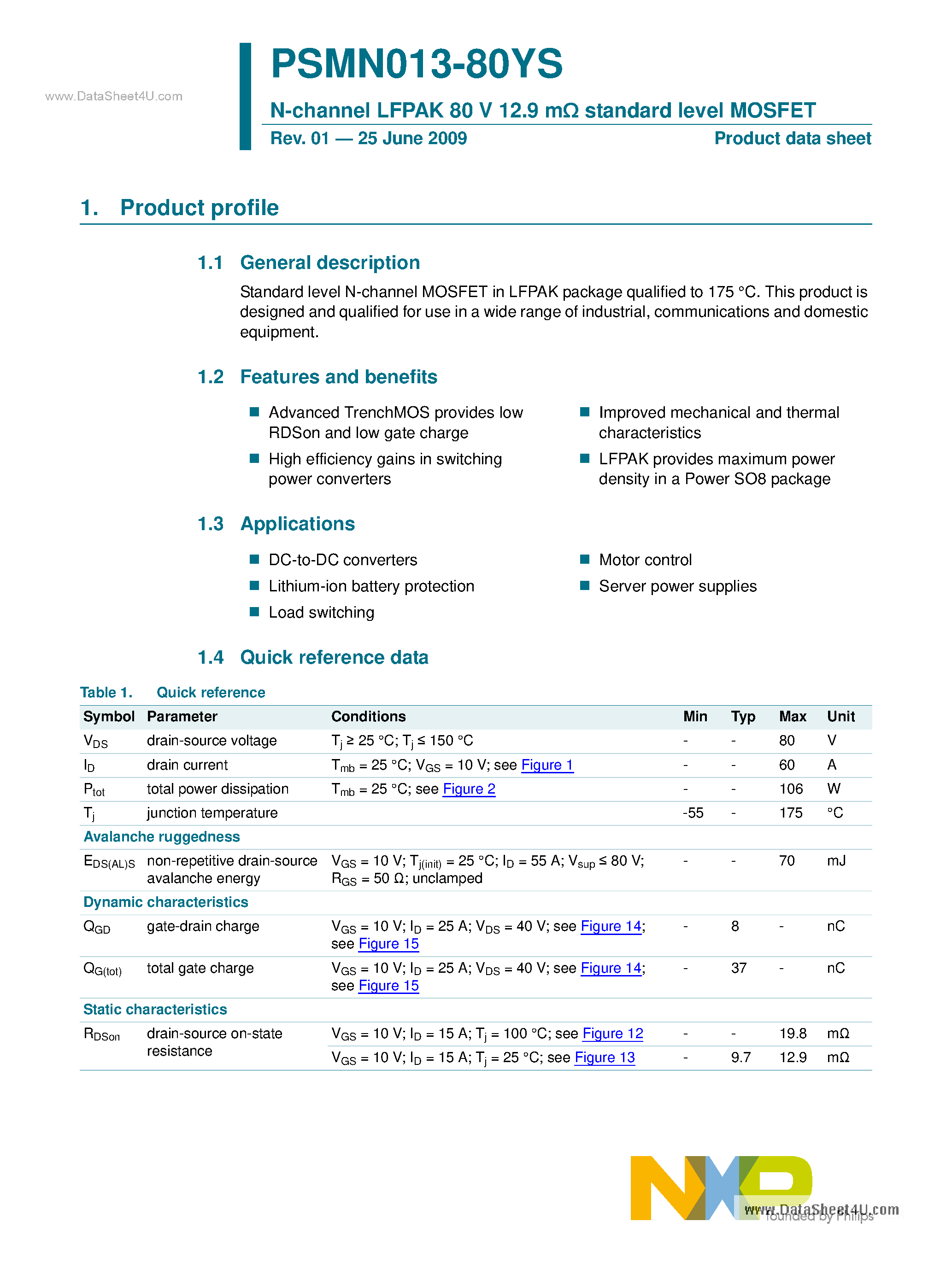 Datasheet PSMN013-80YS - N-channel LFPAK 80 V 12.9 MOhm Standard Level MOSFET page 1