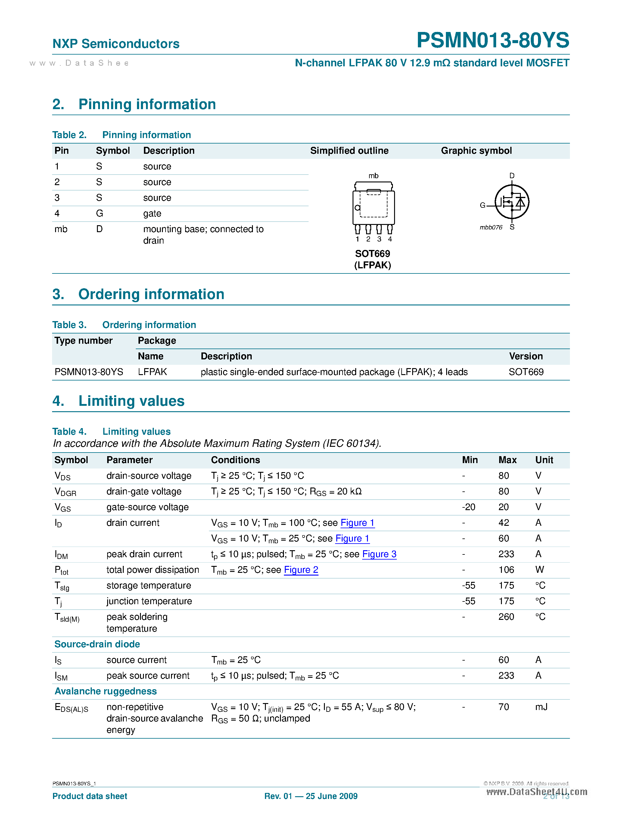 Datasheet PSMN013-80YS - N-channel LFPAK 80 V 12.9 MOhm Standard Level MOSFET page 2