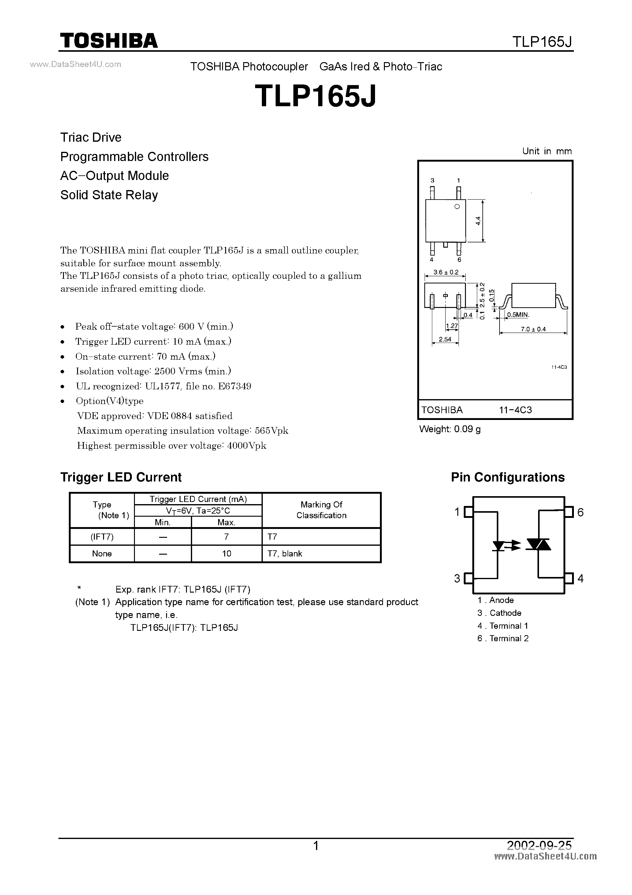 Даташит TLP165J - Photocoupler GaAs Ired & Photo-Triac страница 1