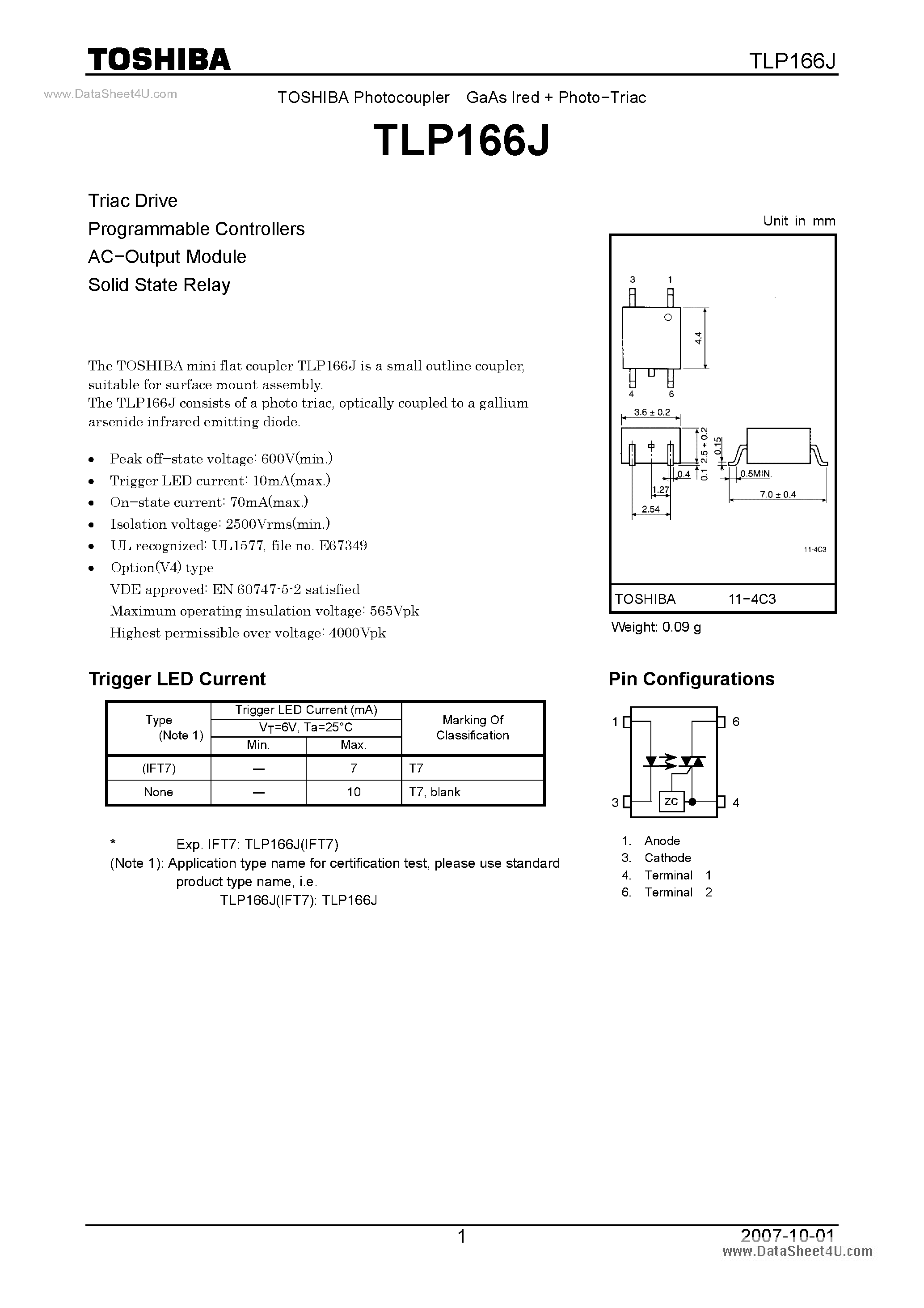 Даташит TLP166J - Photocoupler GaAs Ired Photo-Triac страница 1