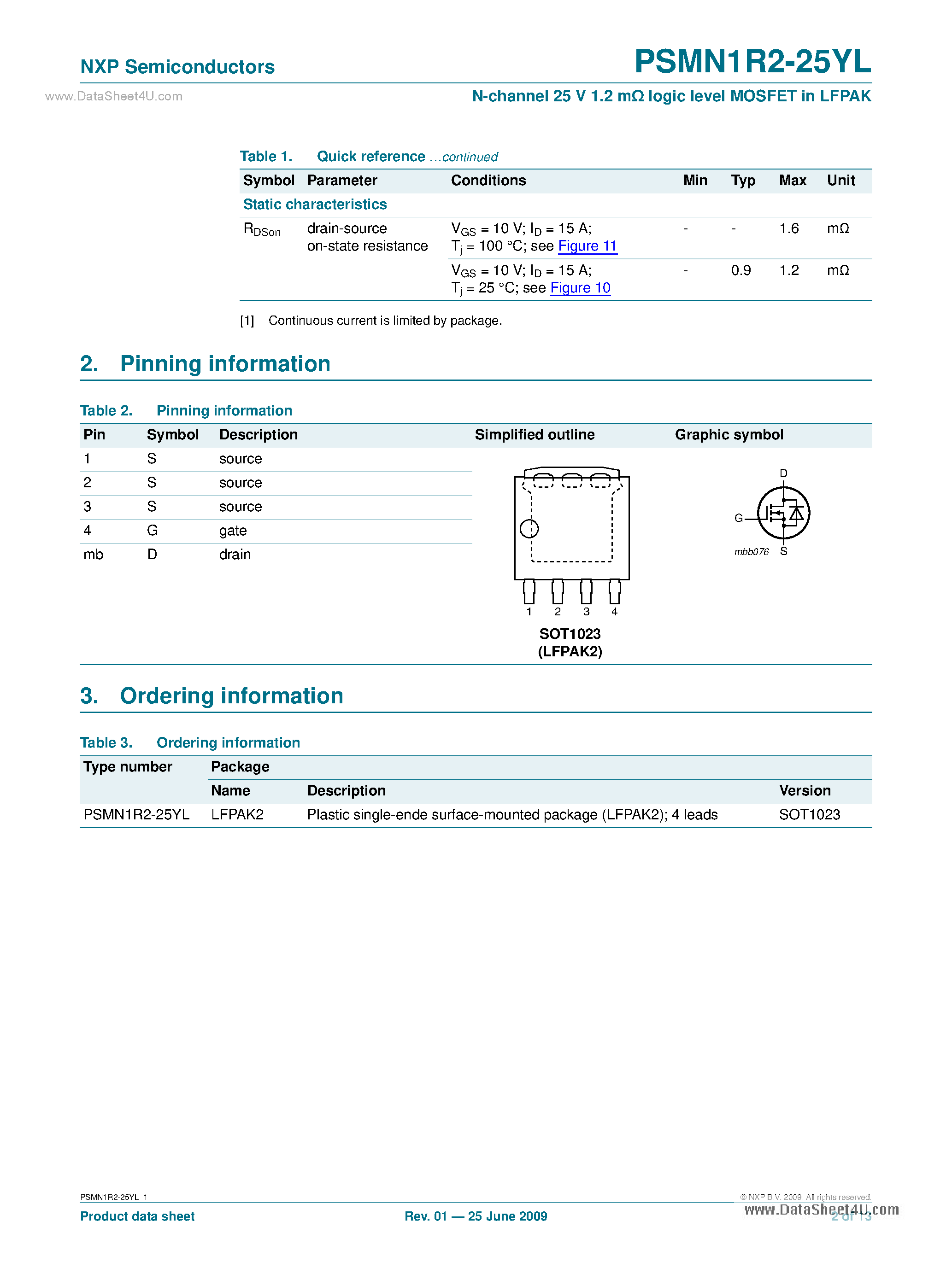 Даташит PSMN1R2-25YL - N-channel 25 V 1.2 MOhm Logic Level MOSFET страница 2