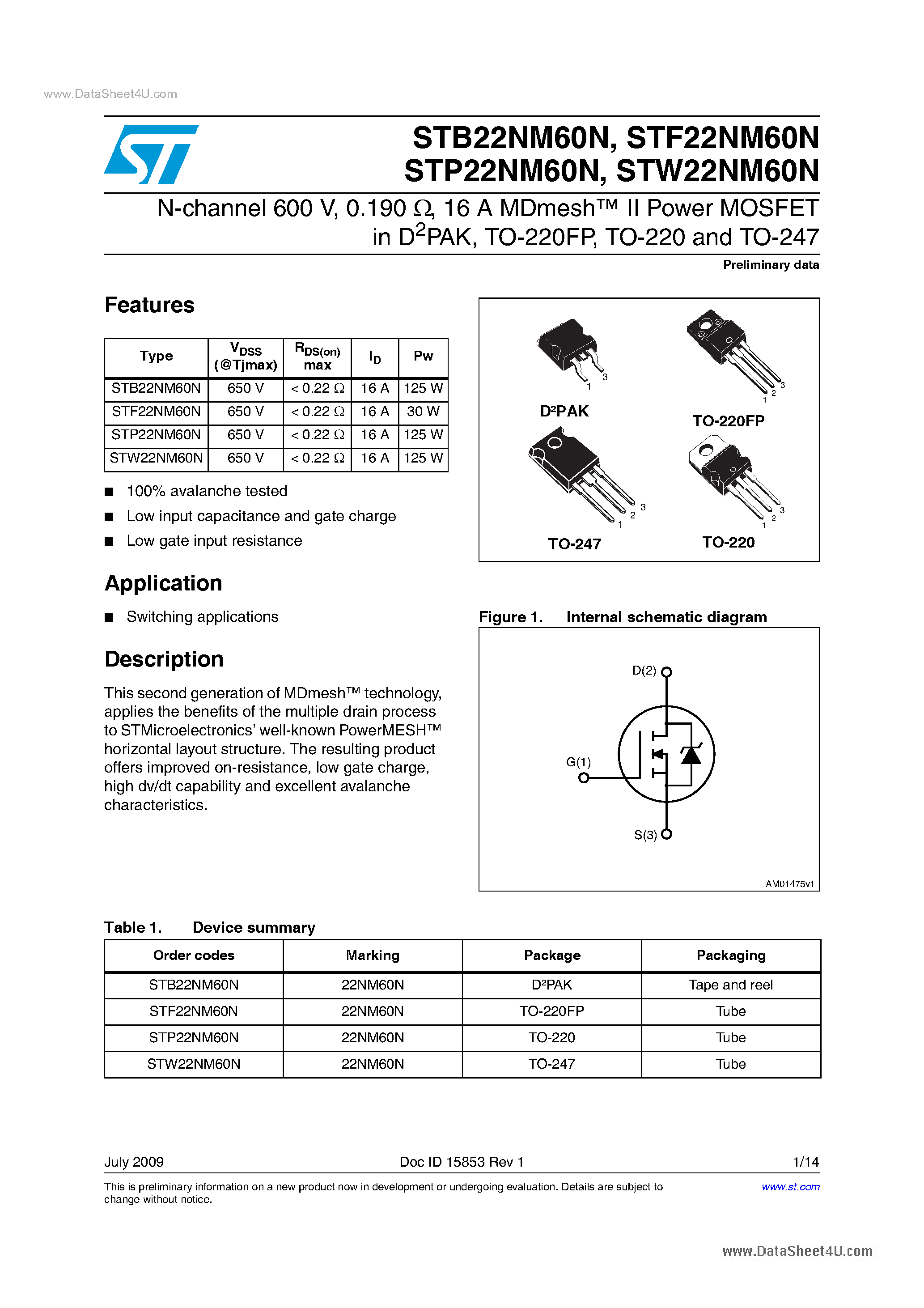 Даташит STP22NM60N - Power MOSFETs страница 1