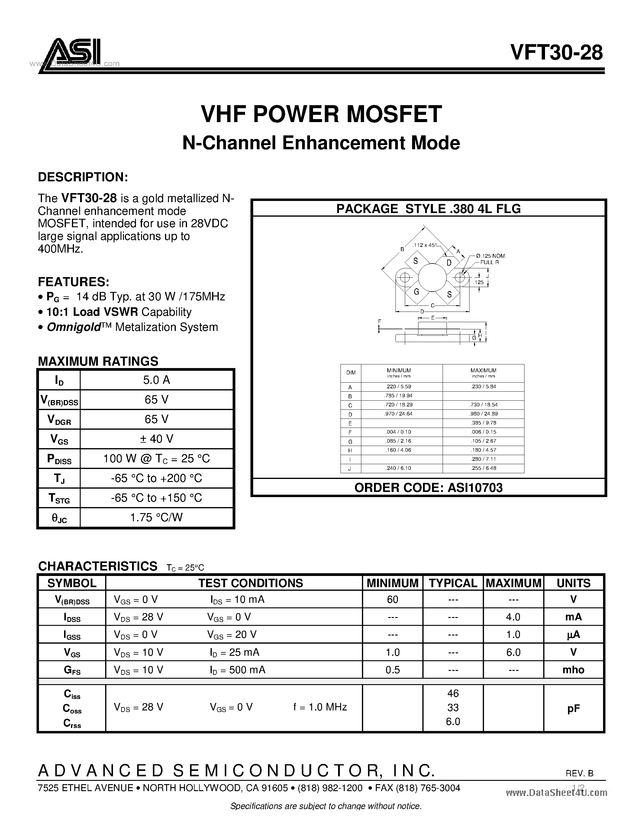 Даташит VTF30-28 - VHF POWER MOSFET N-Channel Enhancement Mode страница 1