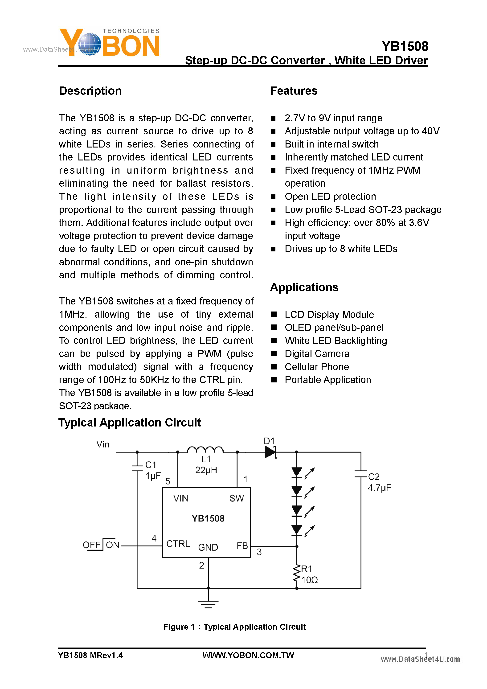 Datasheet YB1508 - Step-up DC-DC Converter page 1