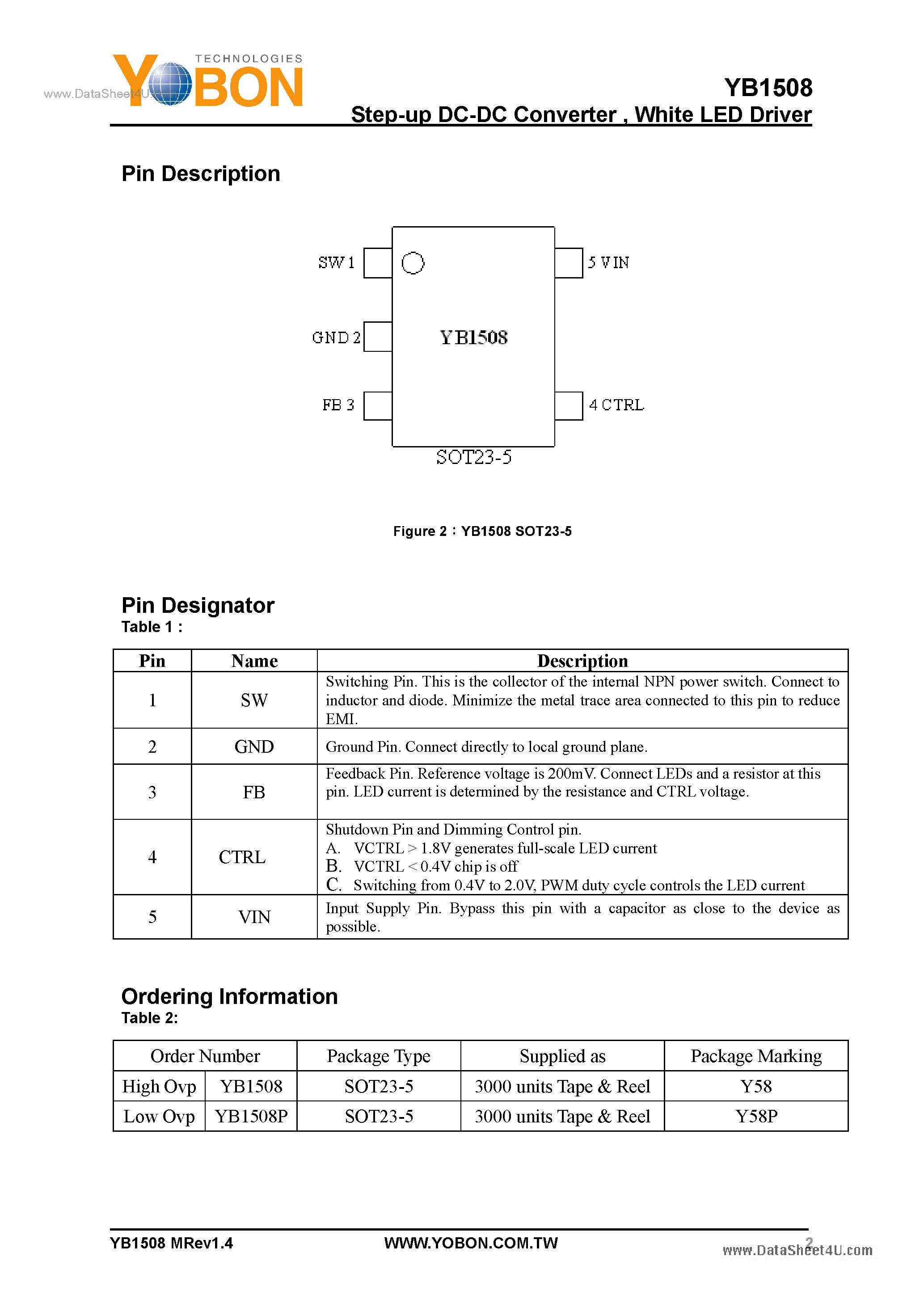 Datasheet YB1508 - Step-up DC-DC Converter page 2