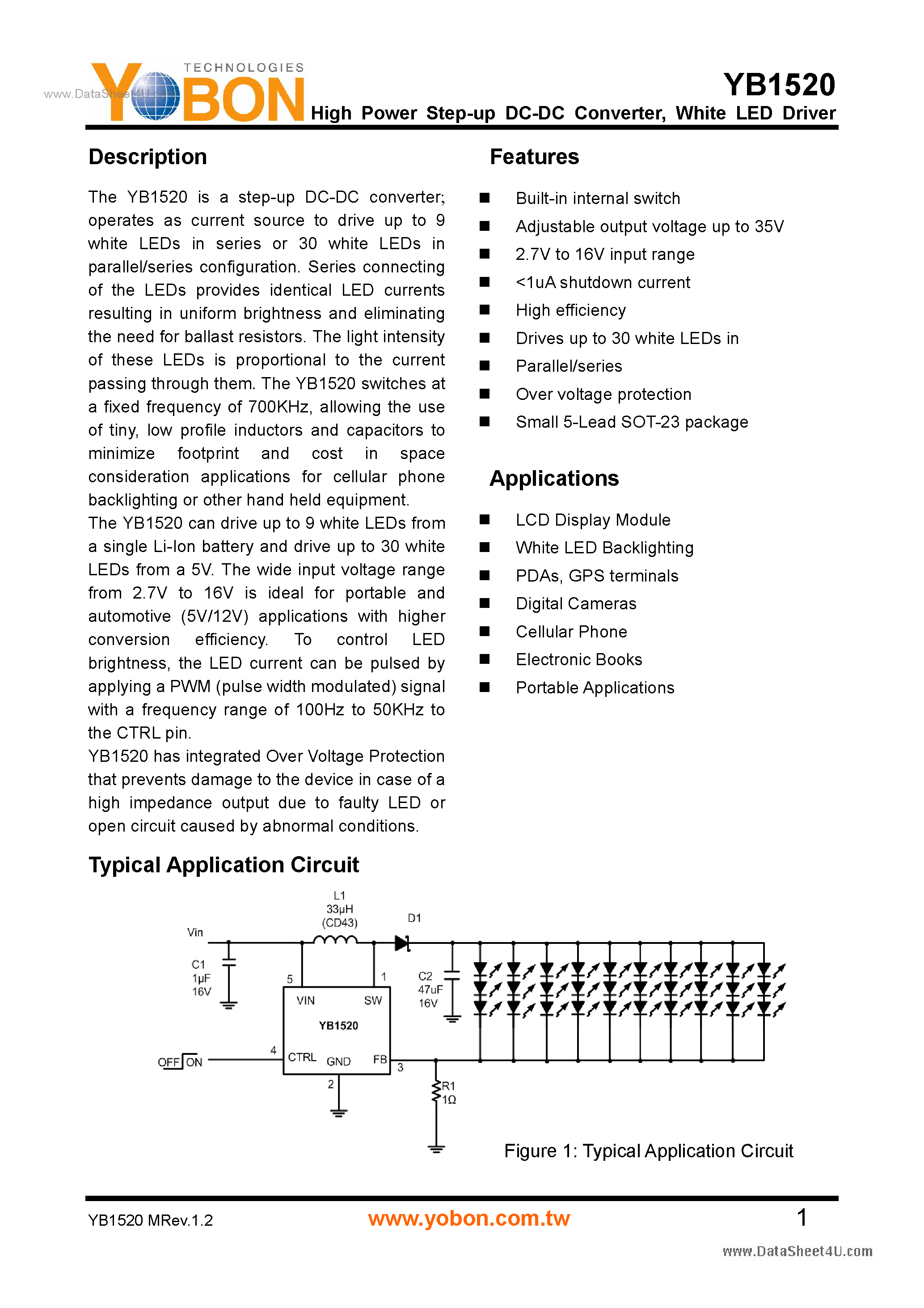 Datasheet YB1520 - High Power Step-up DC-DC Converter page 1