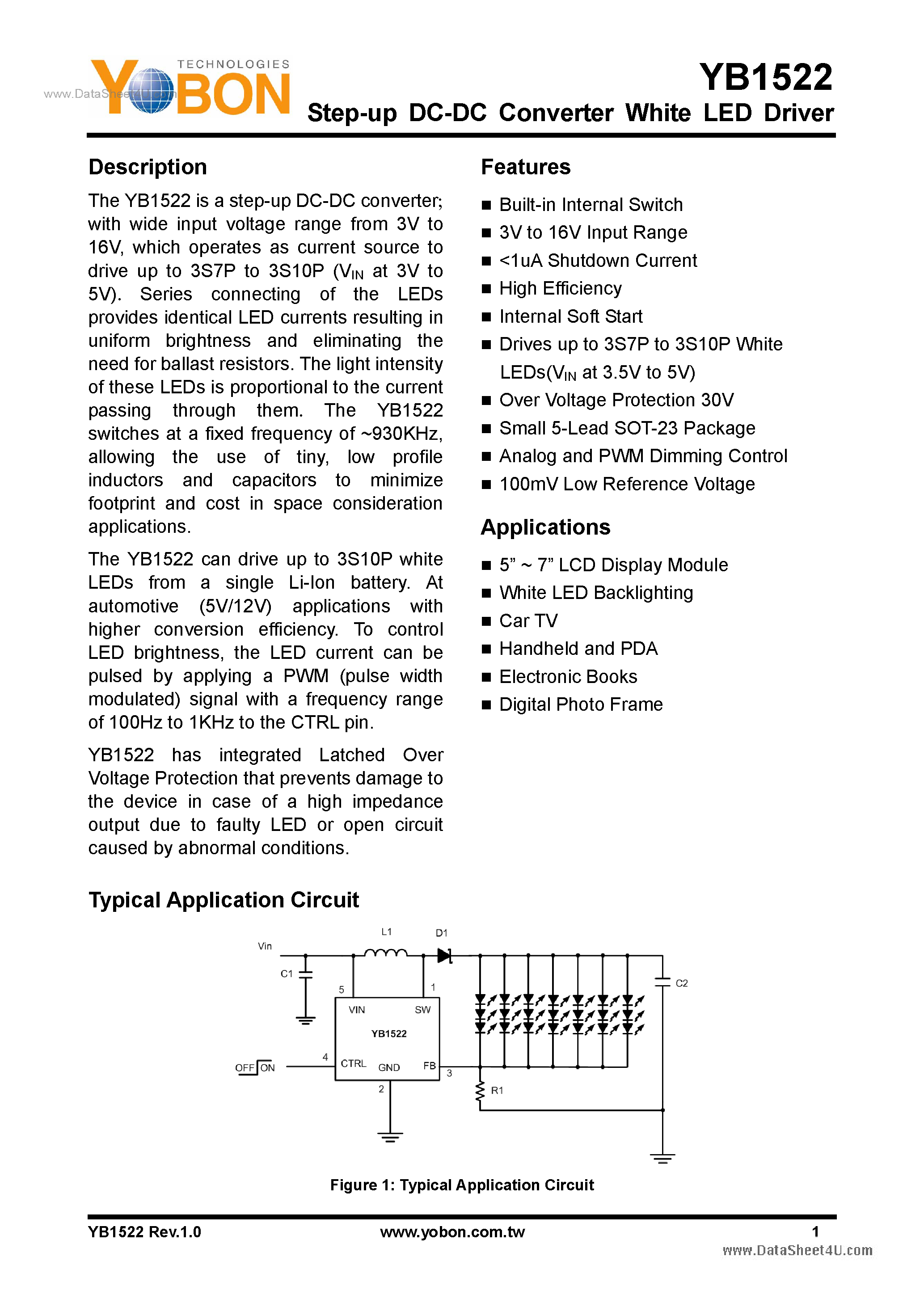 Datasheet YB1522 - Step-up DC-DC Converter White LED Driver page 1