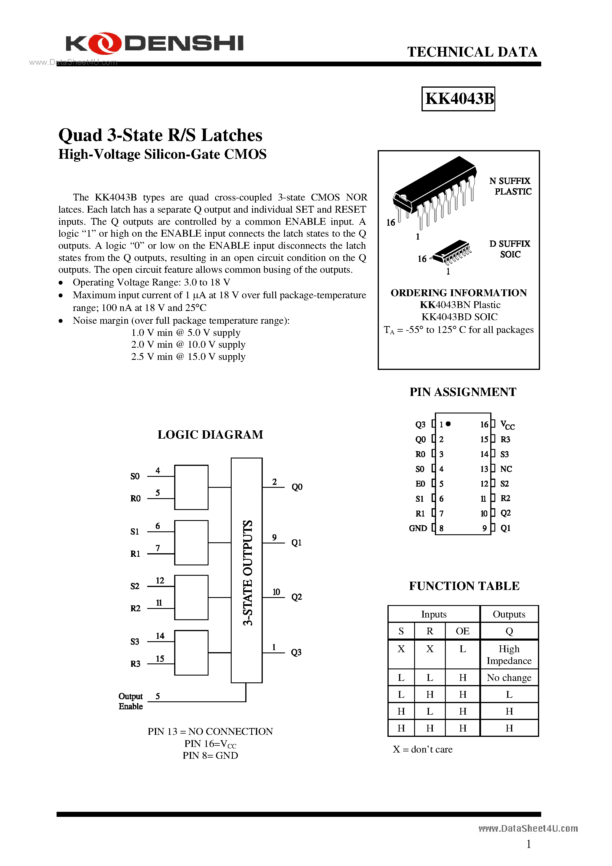 Даташит KK4043B - Quad 3-State R/S Latches High-Voltage Silicon-Gate CMOS страница 1