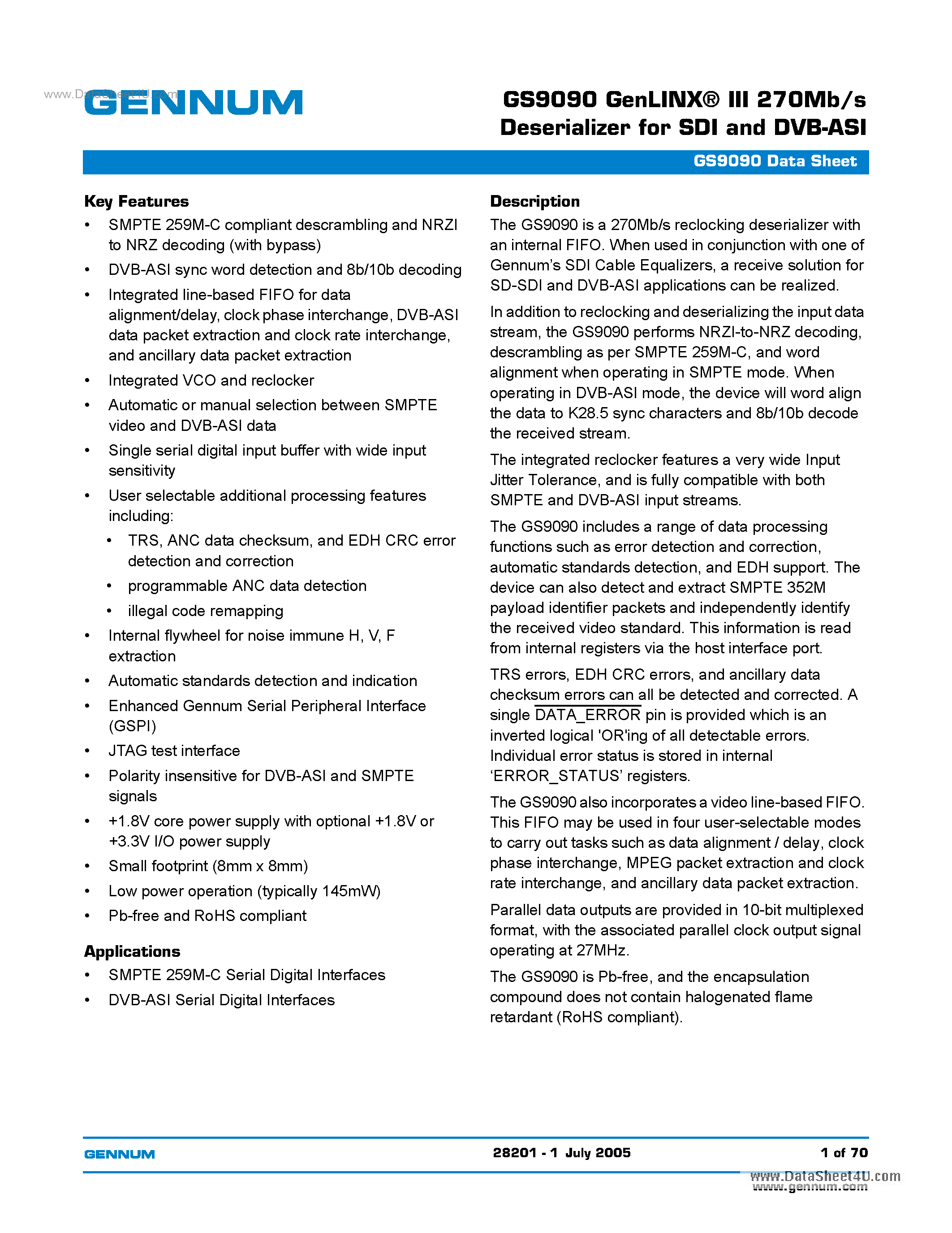 Datasheet GS9090 - GenLINX-R III 270Mb/s Deserializer page 1