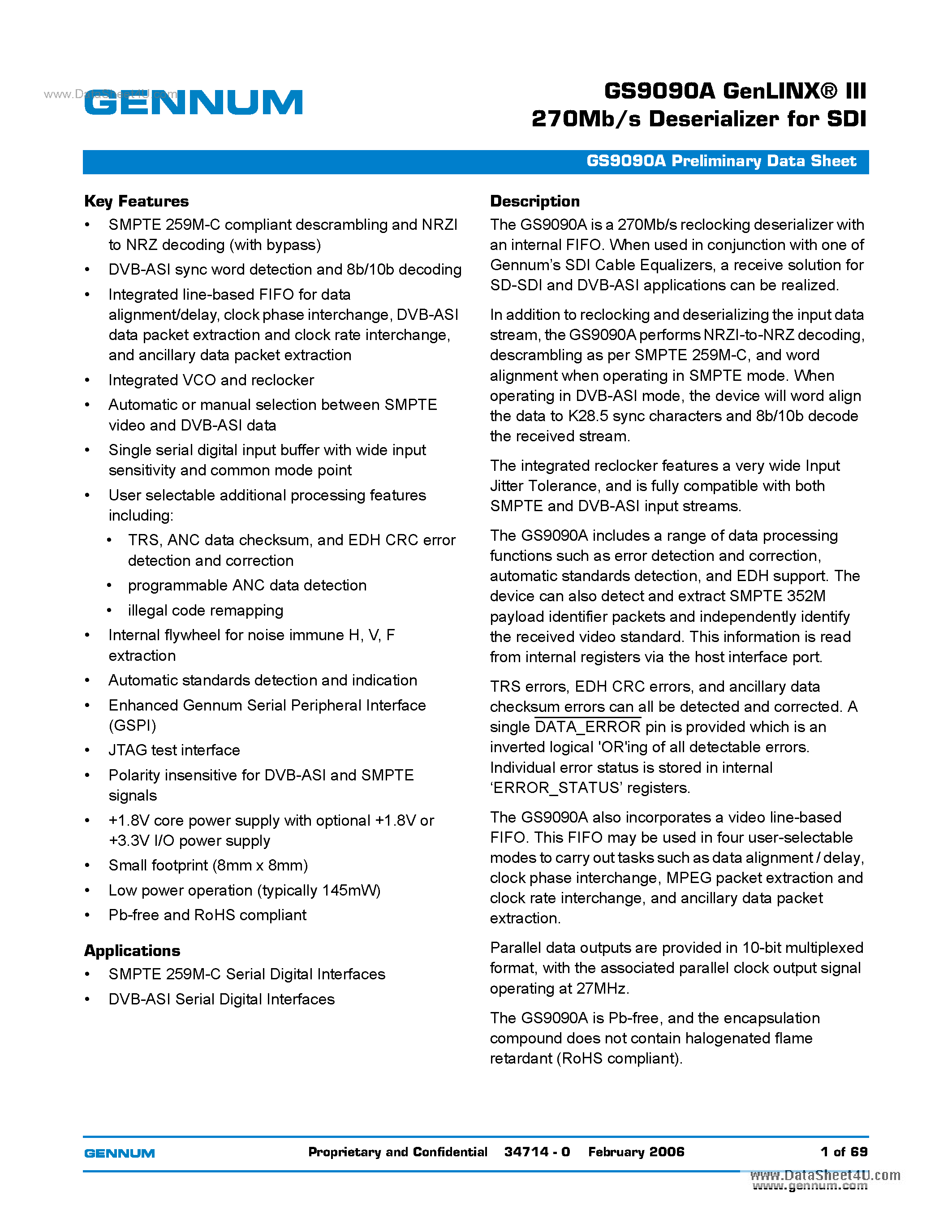 Datasheet GS9090A - GenLINX-R III 270Mb/s Deserializer page 1