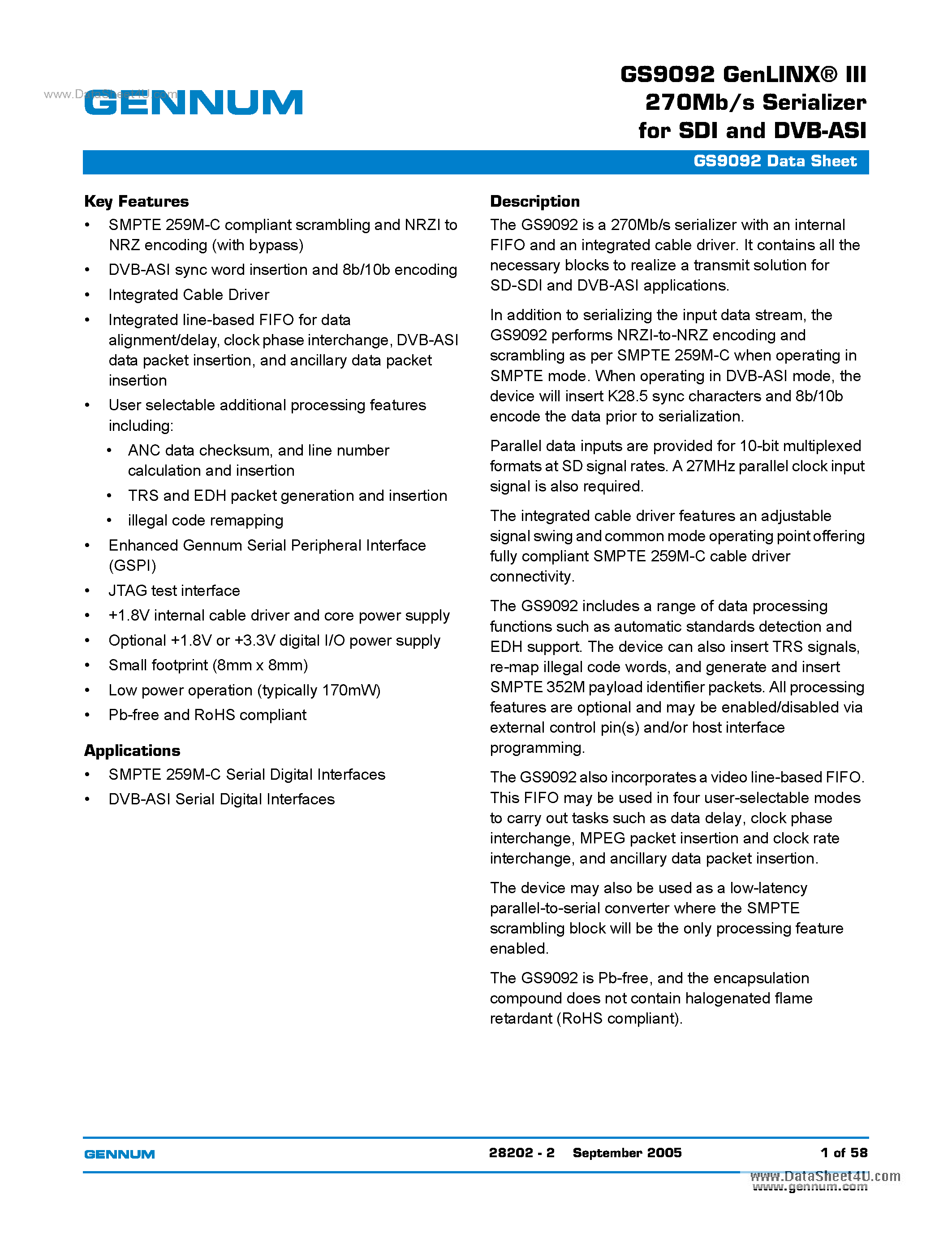 Datasheet GS9092 - GenLINX-R III 270Mb/s Serializer page 1