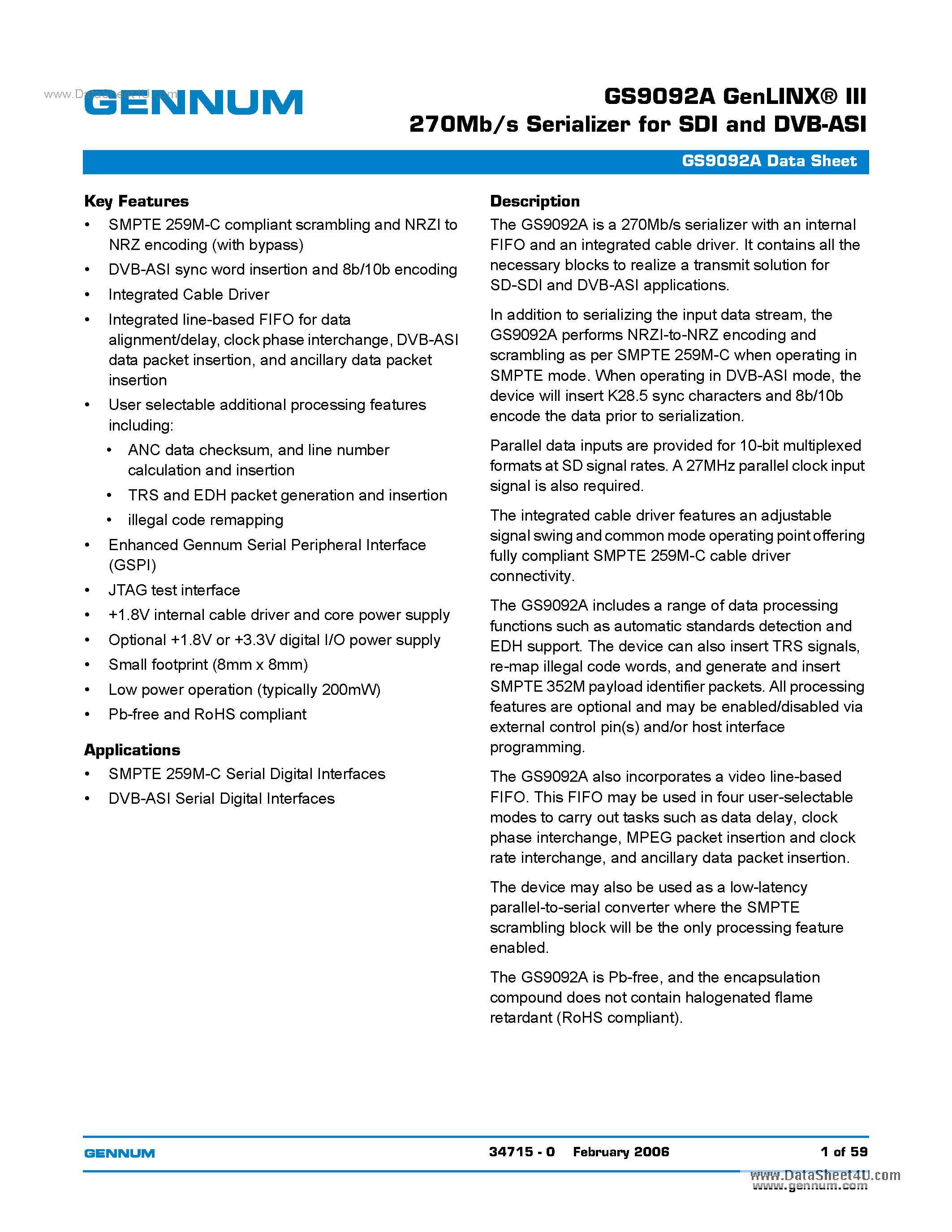 Datasheet GS9092A - GenLINX-R III 270Mb/s Serializer page 1