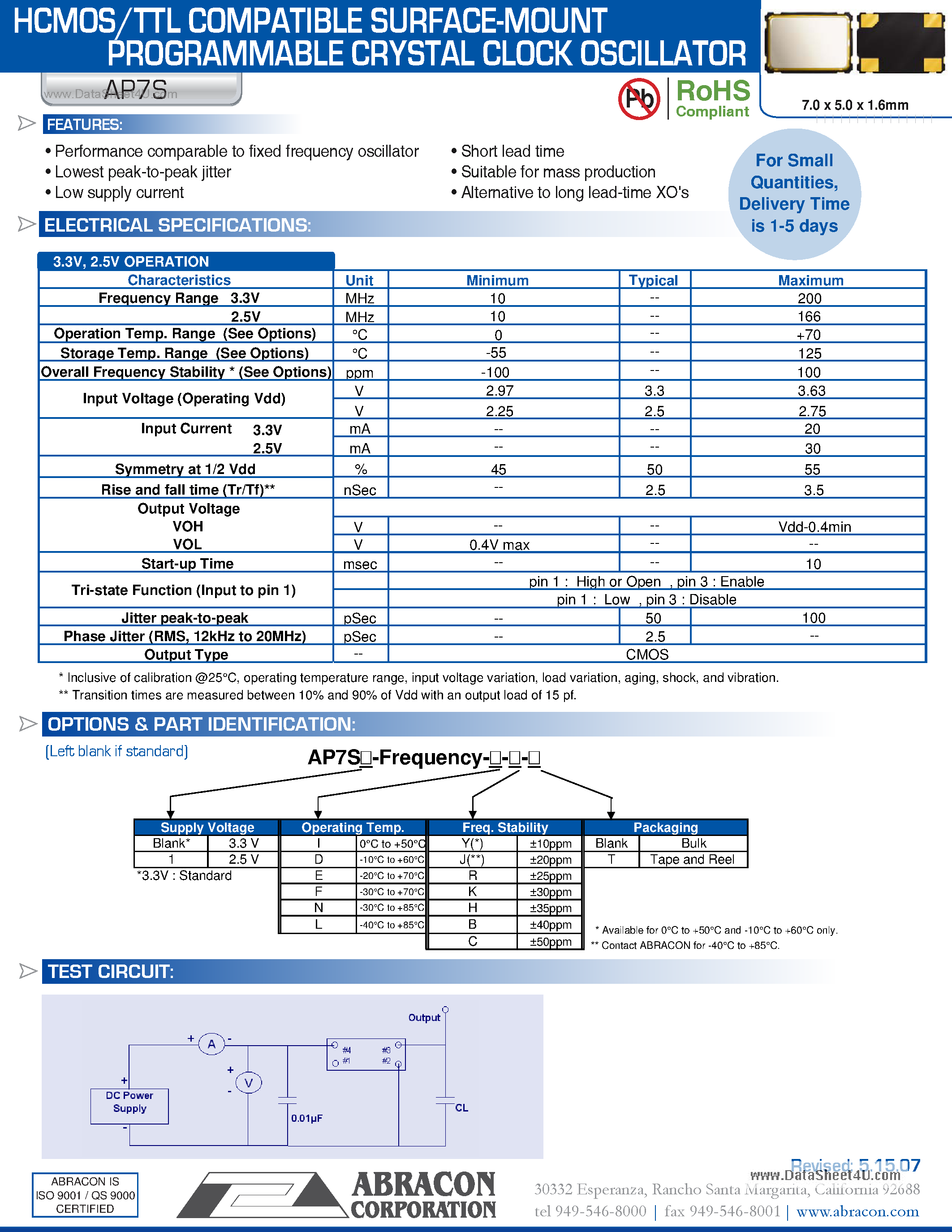 Даташит AP7S - HCMOS/TTL COMPATIBLE SURFACE-MOUNT PROGRAMMABLE CRYSTAL CLOCK OSCILLATOR страница 1