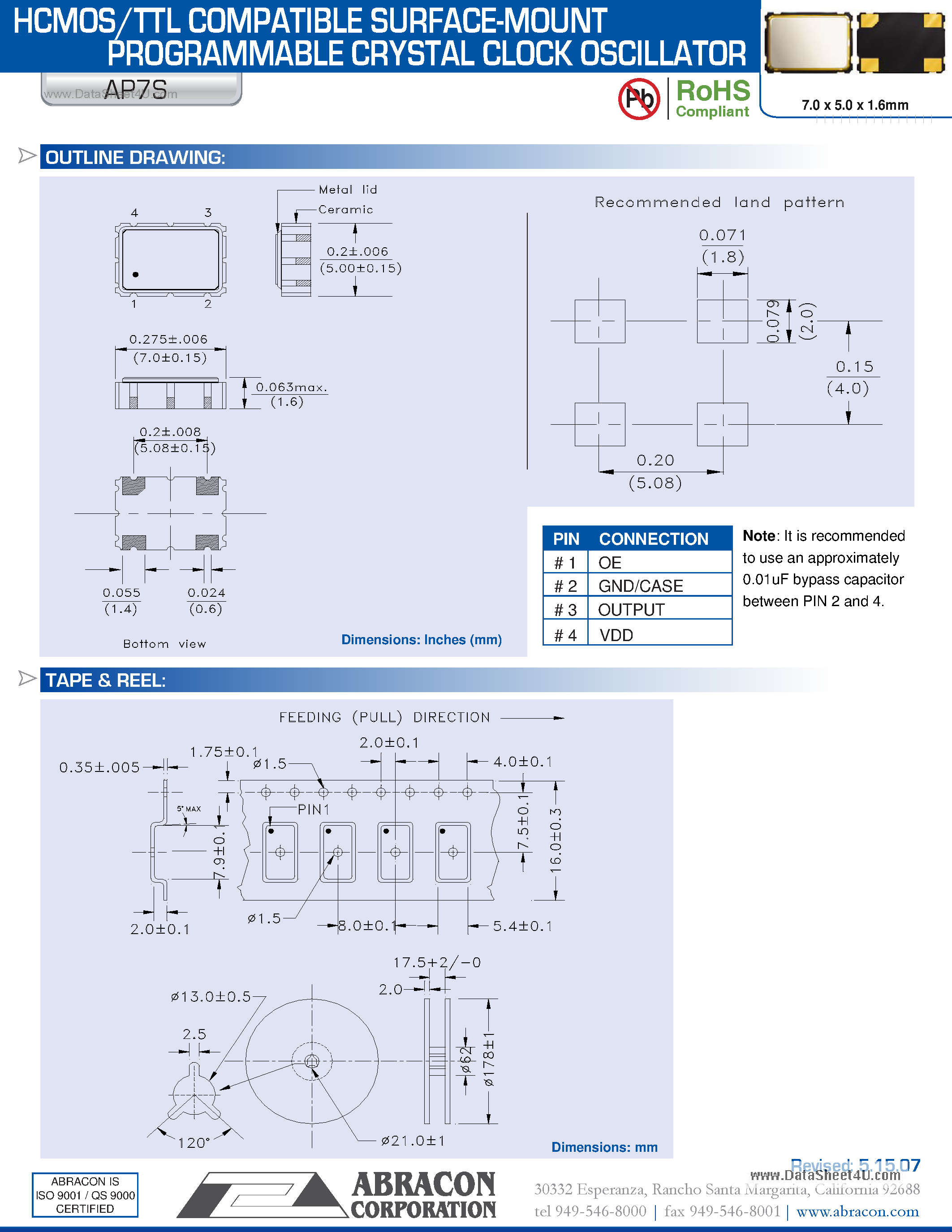 Даташит AP7S - HCMOS/TTL COMPATIBLE SURFACE-MOUNT PROGRAMMABLE CRYSTAL CLOCK OSCILLATOR страница 2