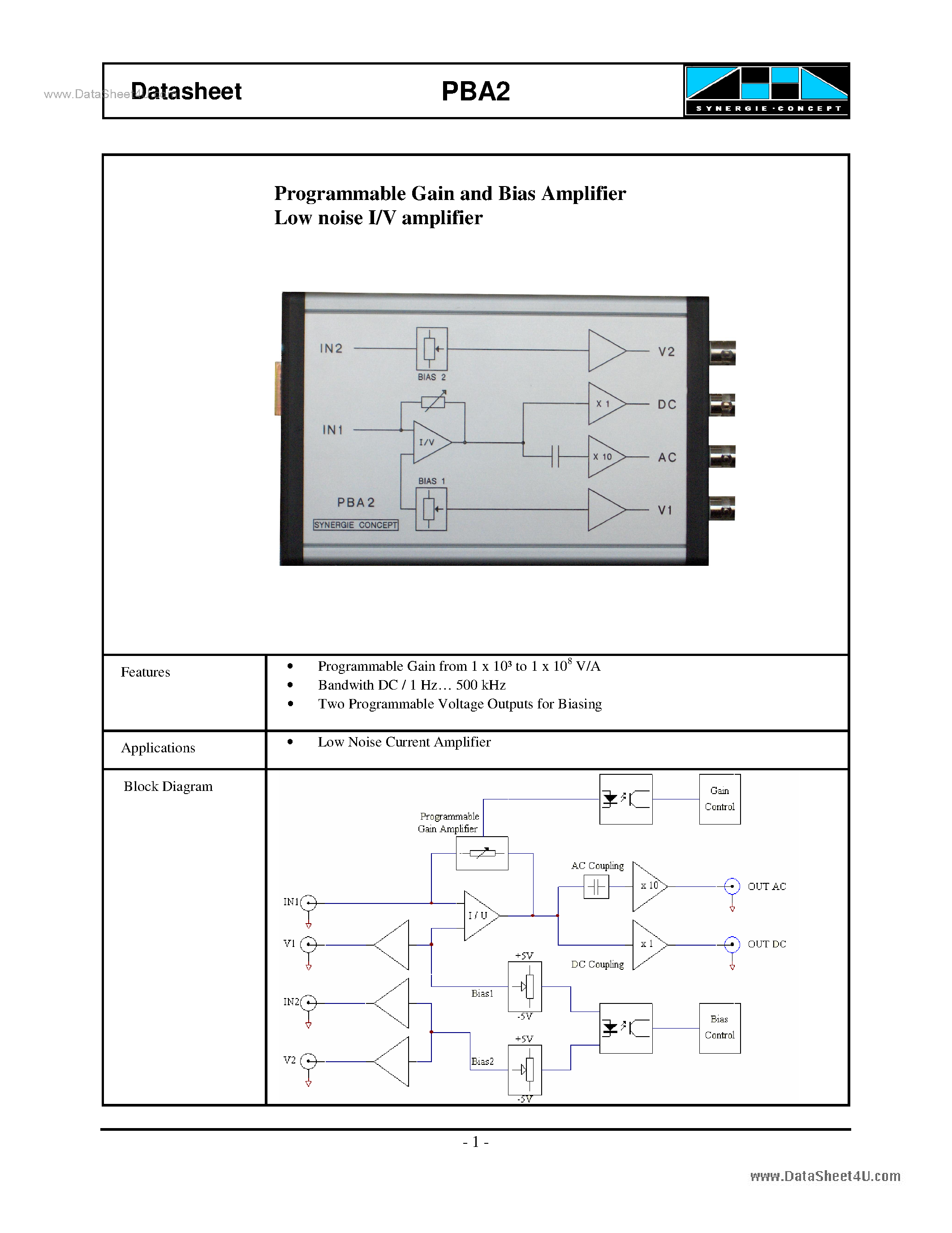 Datasheet PBA2 - Programmable Gain and Bias Amplifier Low noise I/V amplifier page 1