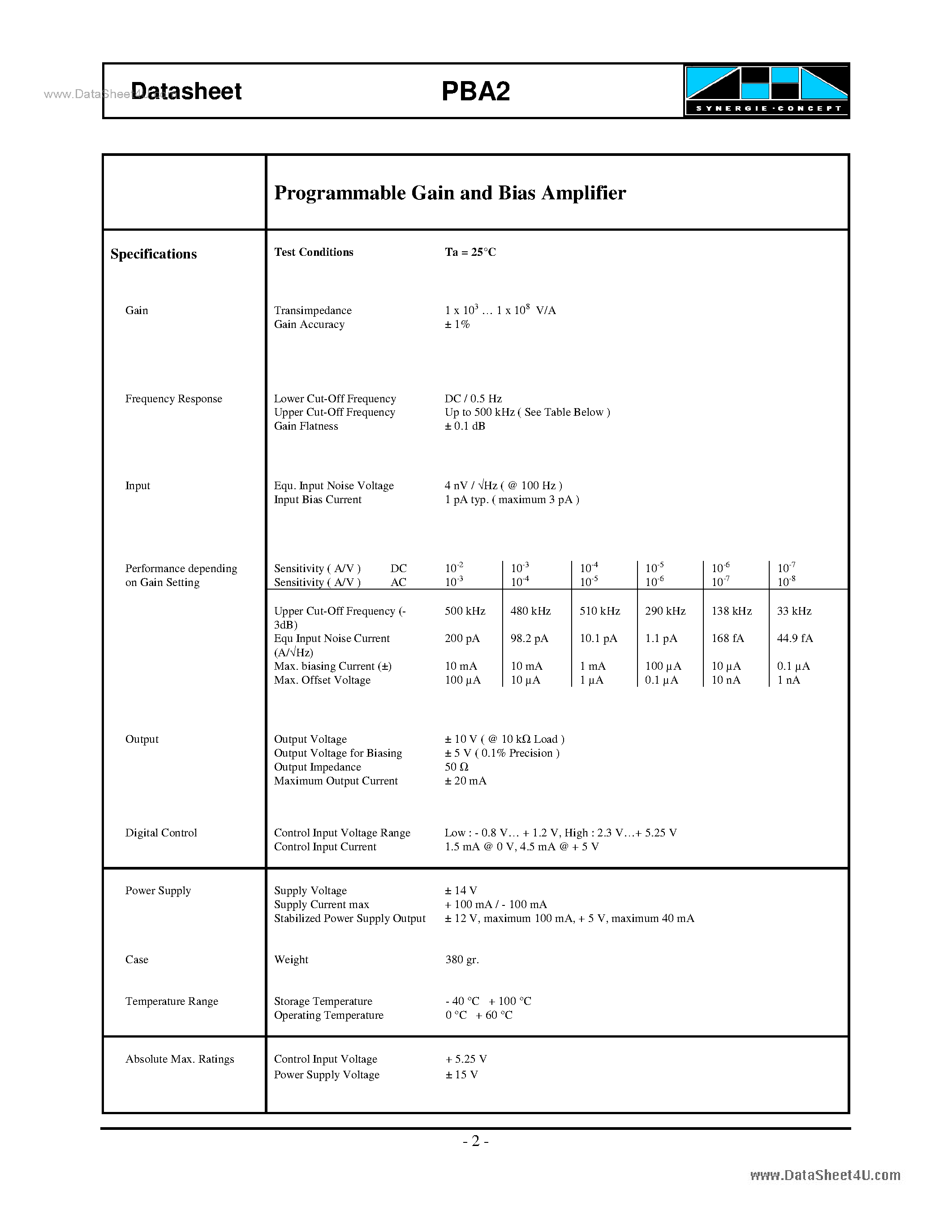 Datasheet PBA2 - Programmable Gain and Bias Amplifier Low noise I/V amplifier page 2