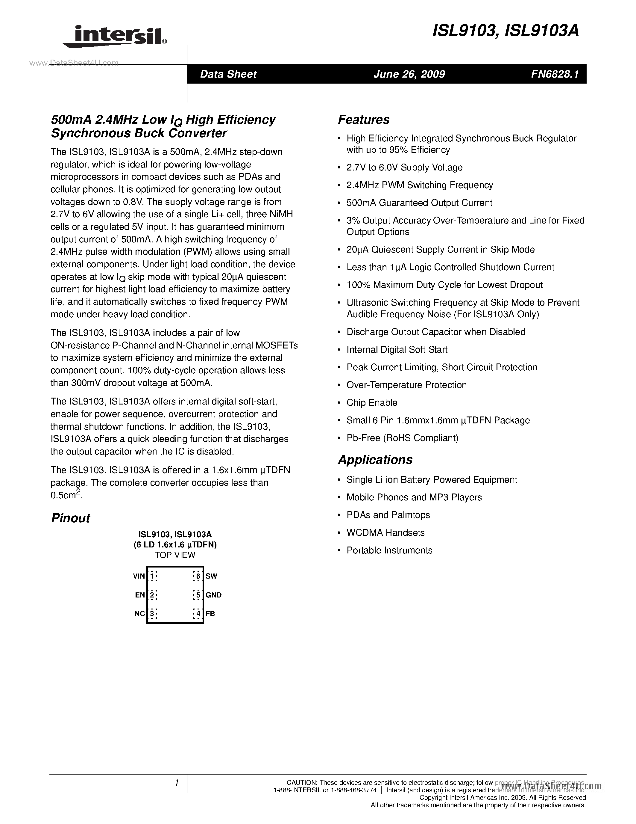 Datasheet ISL9103 - 500mA 2.4MHz Low IQ High Efficiency Synchronous Buck Converter page 1