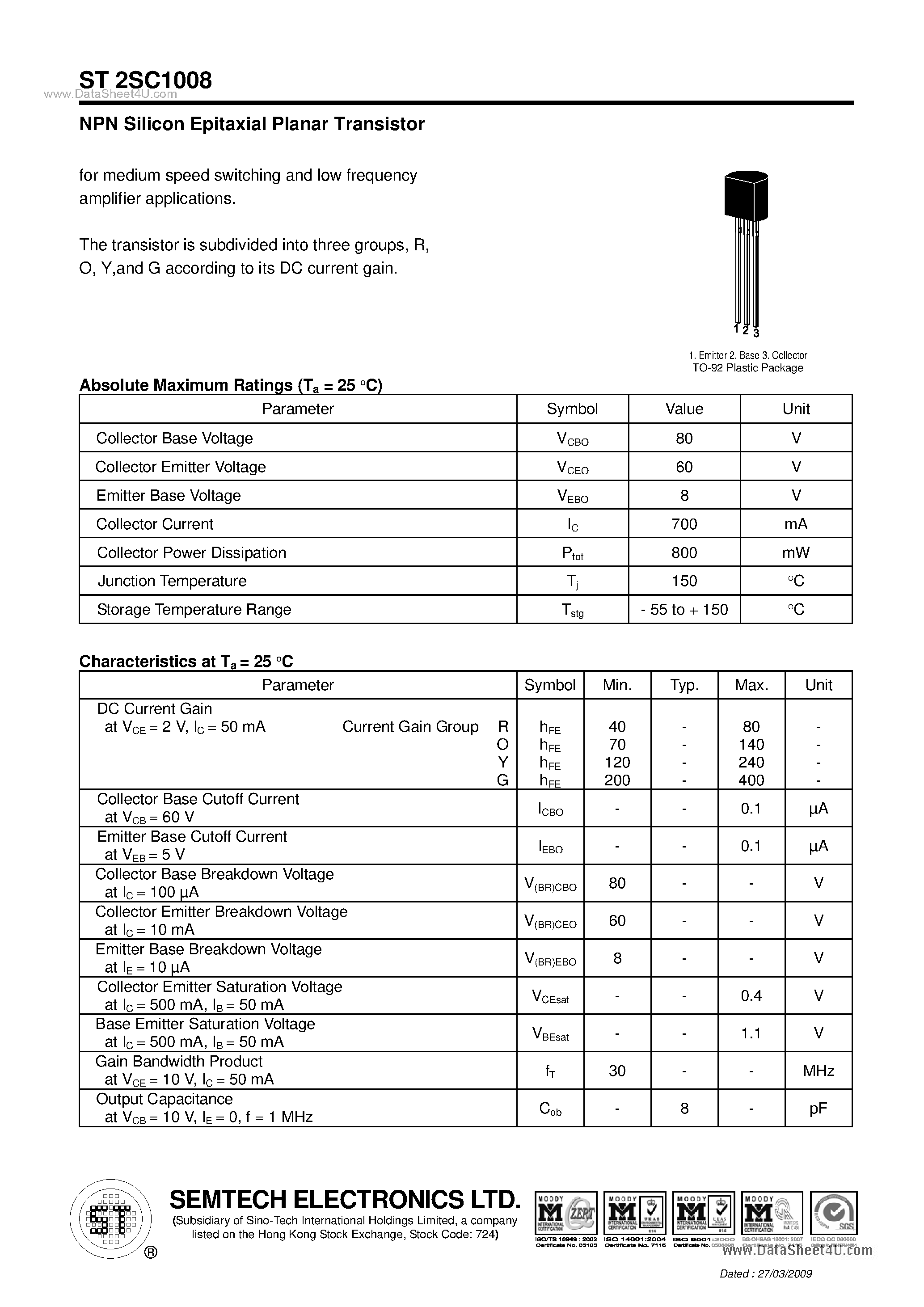 Даташит ST2SC1008 - NPN Silicon Epitaxial Planar Transistor страница 1