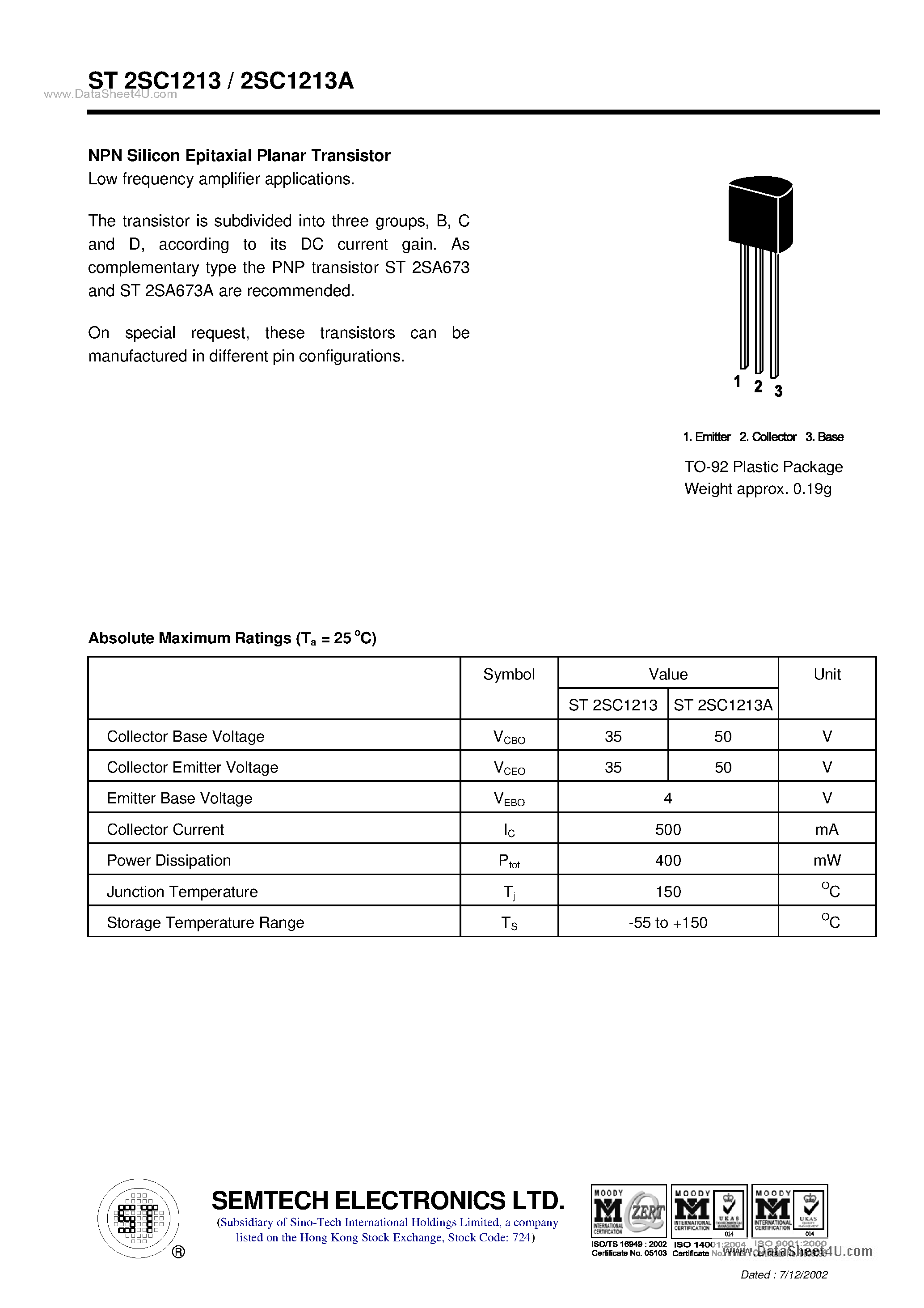 Даташит ST2SC1213 - NPN Silicon Epitaxial Planar Transistor страница 1