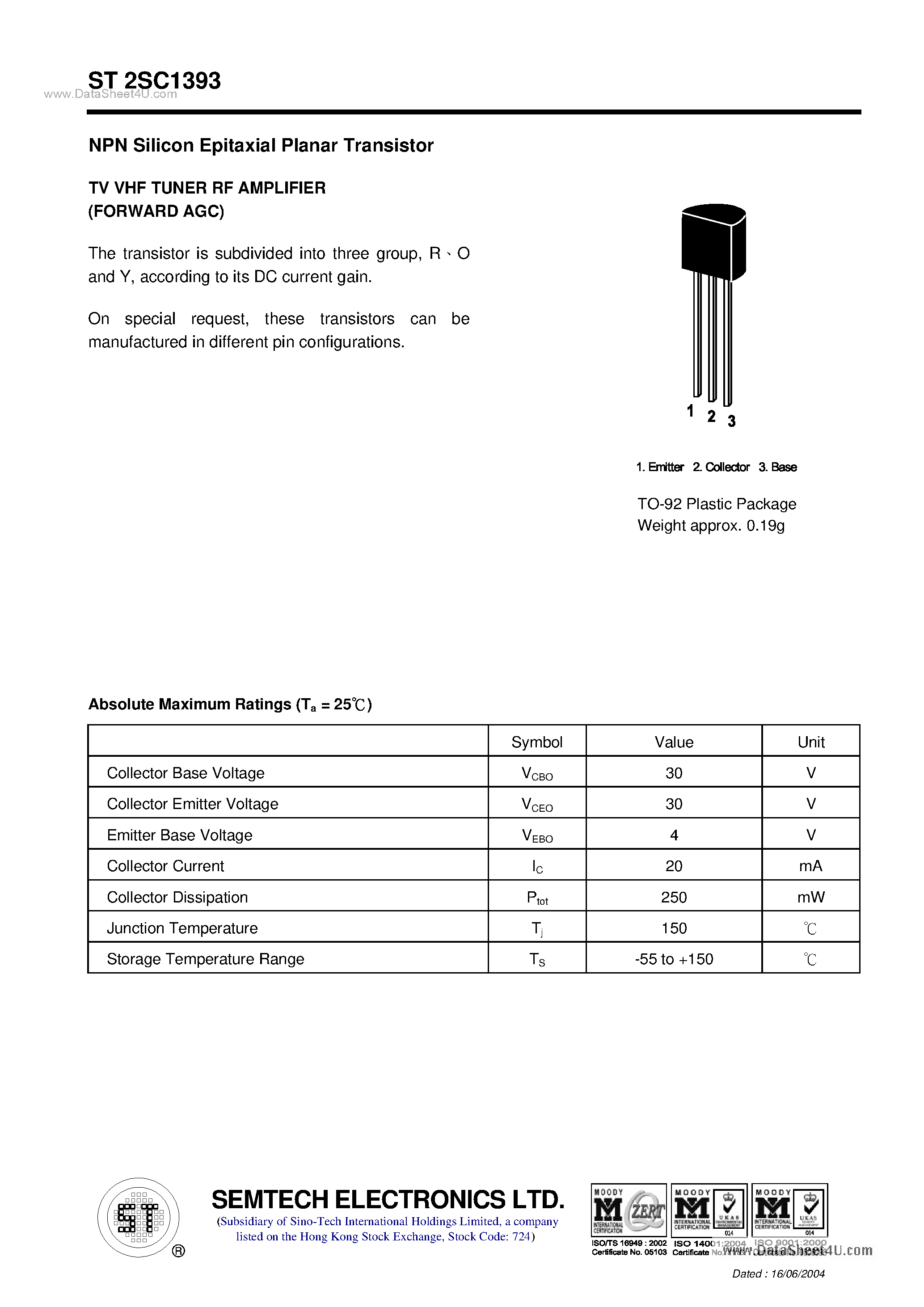 Даташит ST2SC1393 - NPN Silicon Epitaxial Planar Transistor страница 1