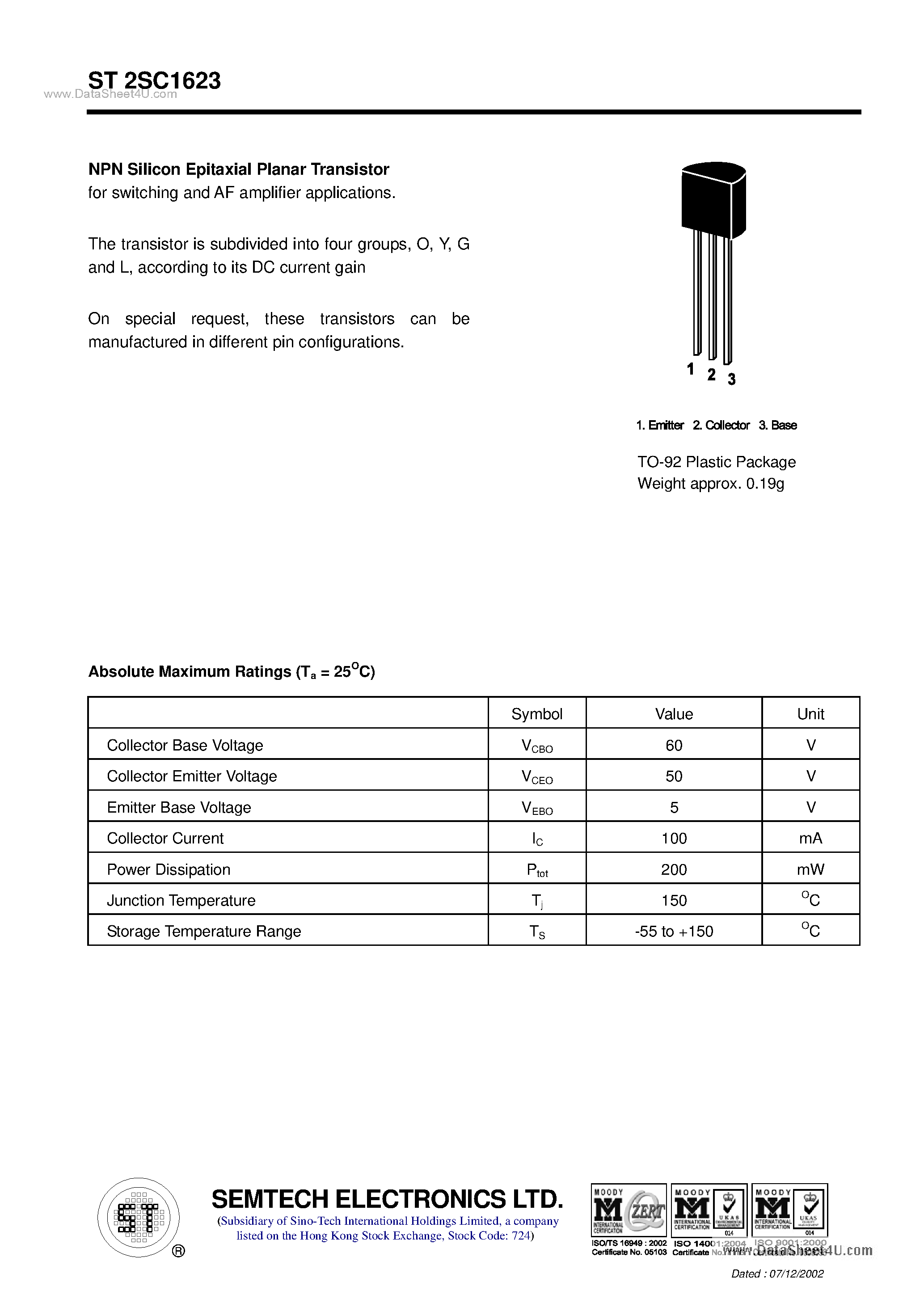 Даташит ST2SC1623 - NPN Silicon Epitaxial Planar Transistor страница 1