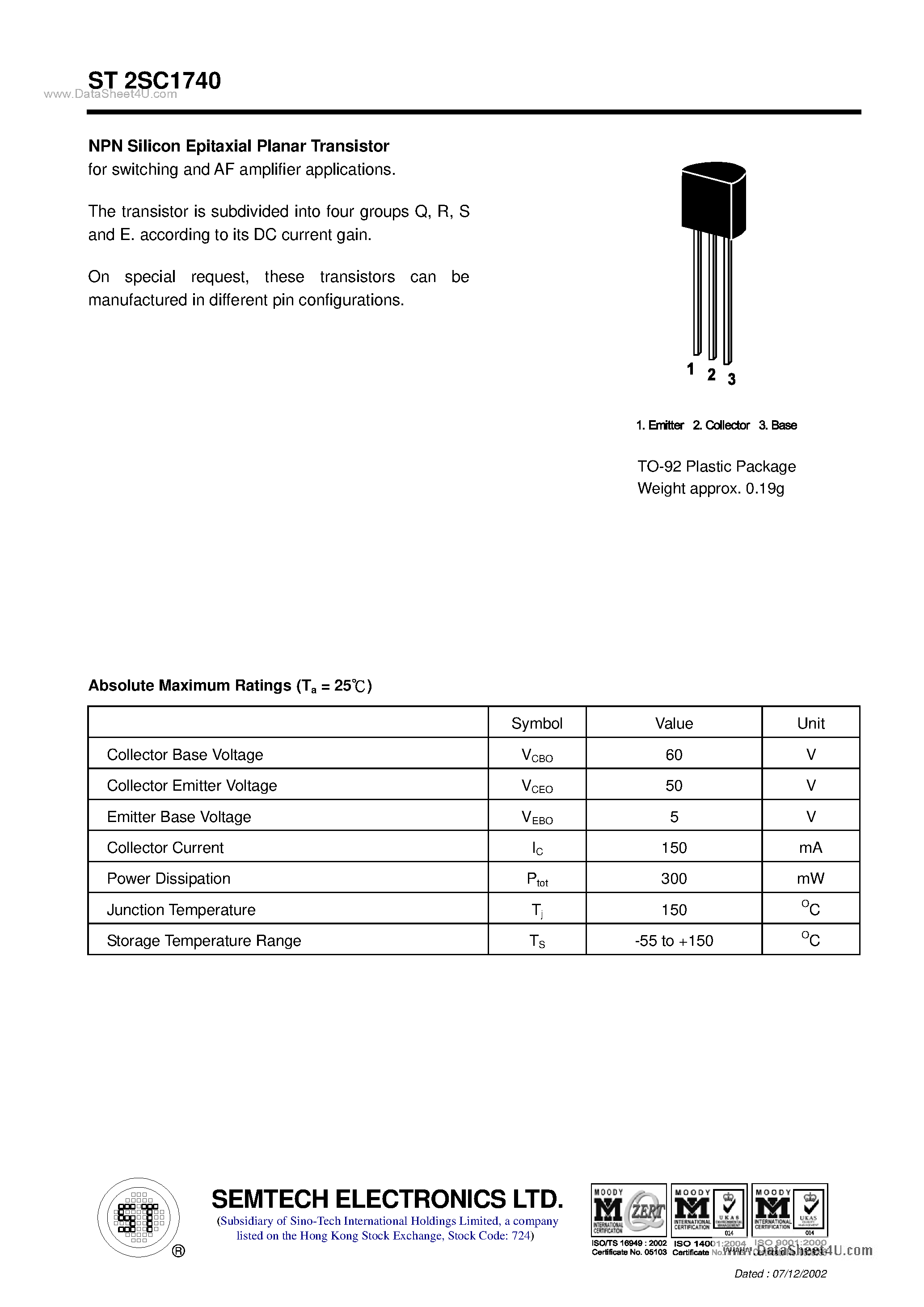 Даташит ST2SC1740 - NPN Silicon Epitaxial Planar Transistor страница 1