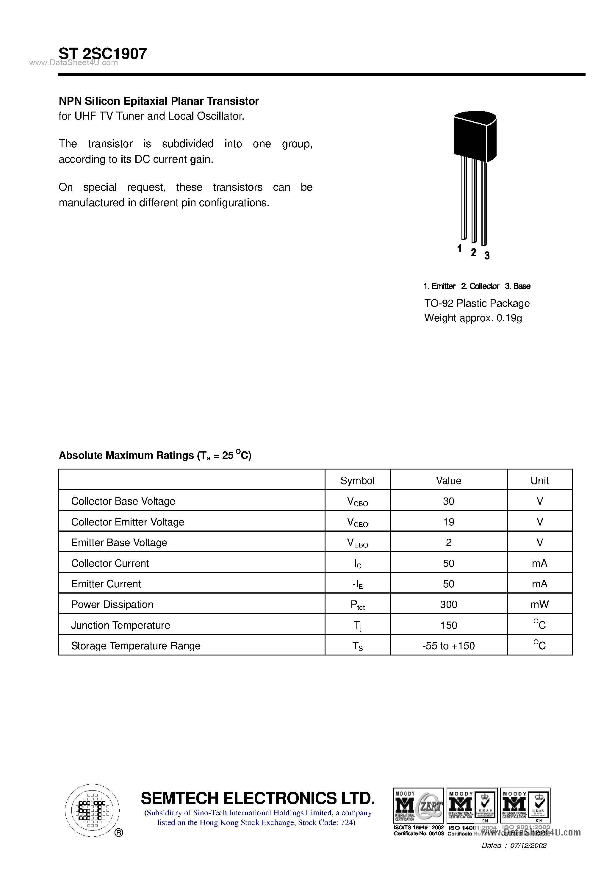 Даташит ST2SC1907 - NPN Silicon Epitaxial Planar Transistor страница 1