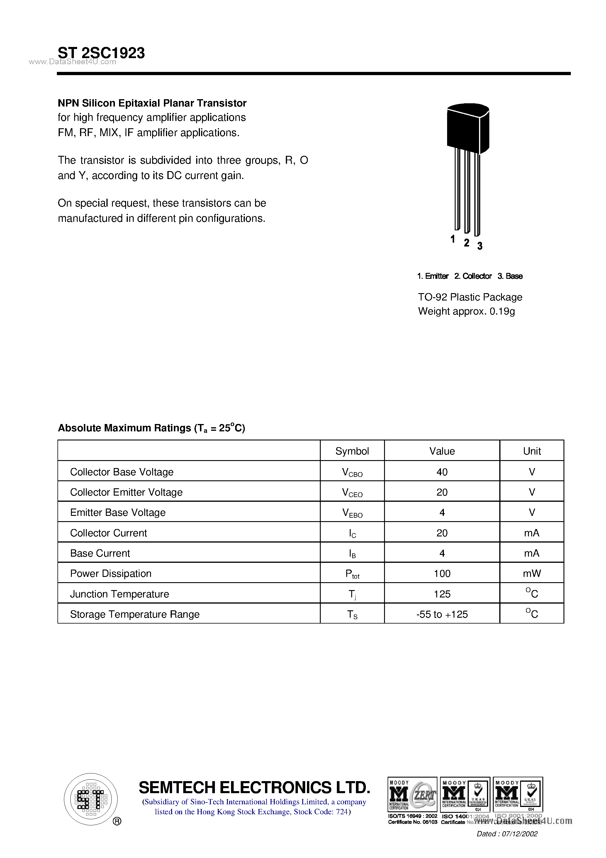 Даташит ST2SC1923 - NPN Silicon Epitaxial Planar Transistor страница 1