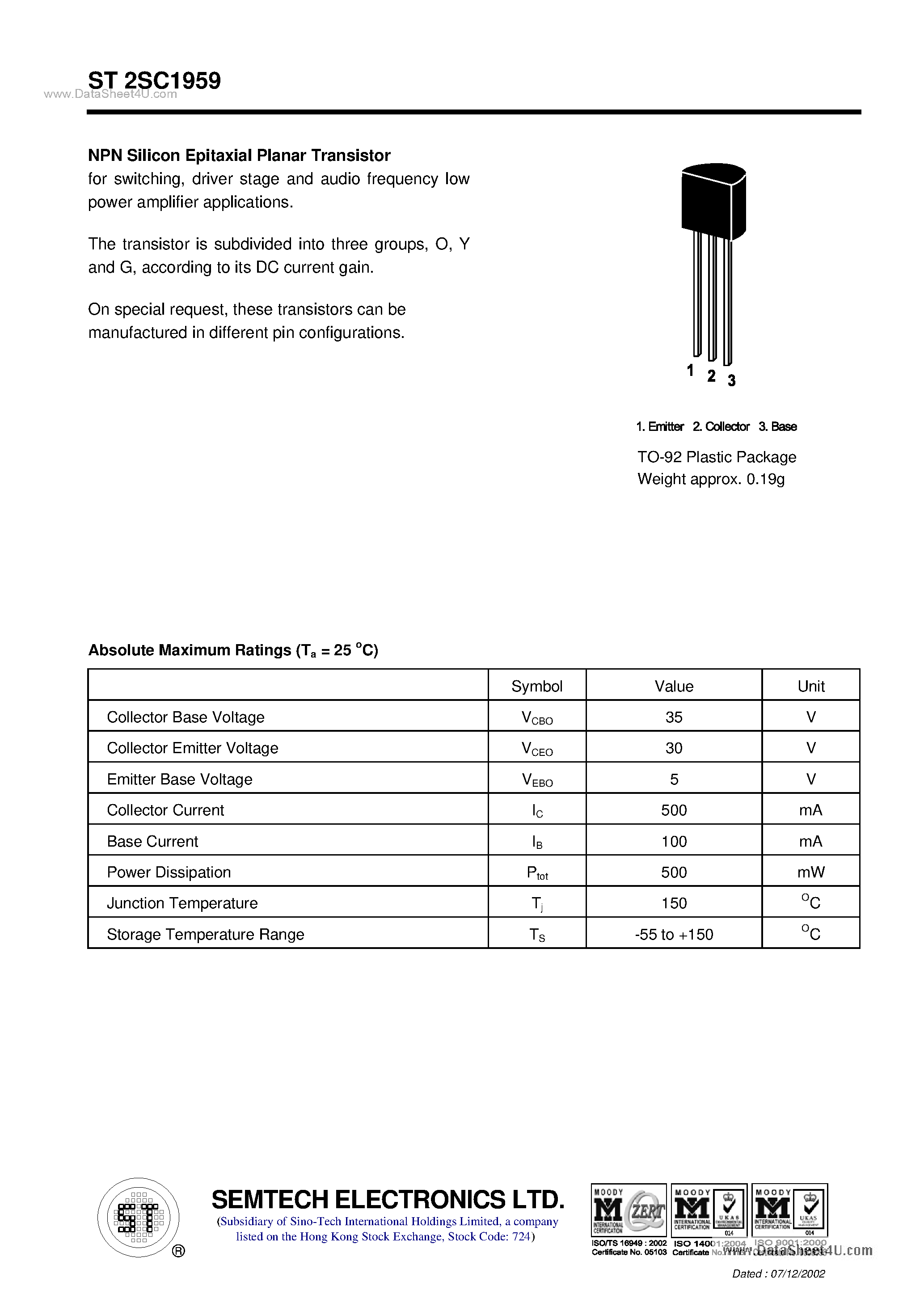 Даташит ST2SC1959 - NPN Silicon Epitaxial Planar Transistor страница 1