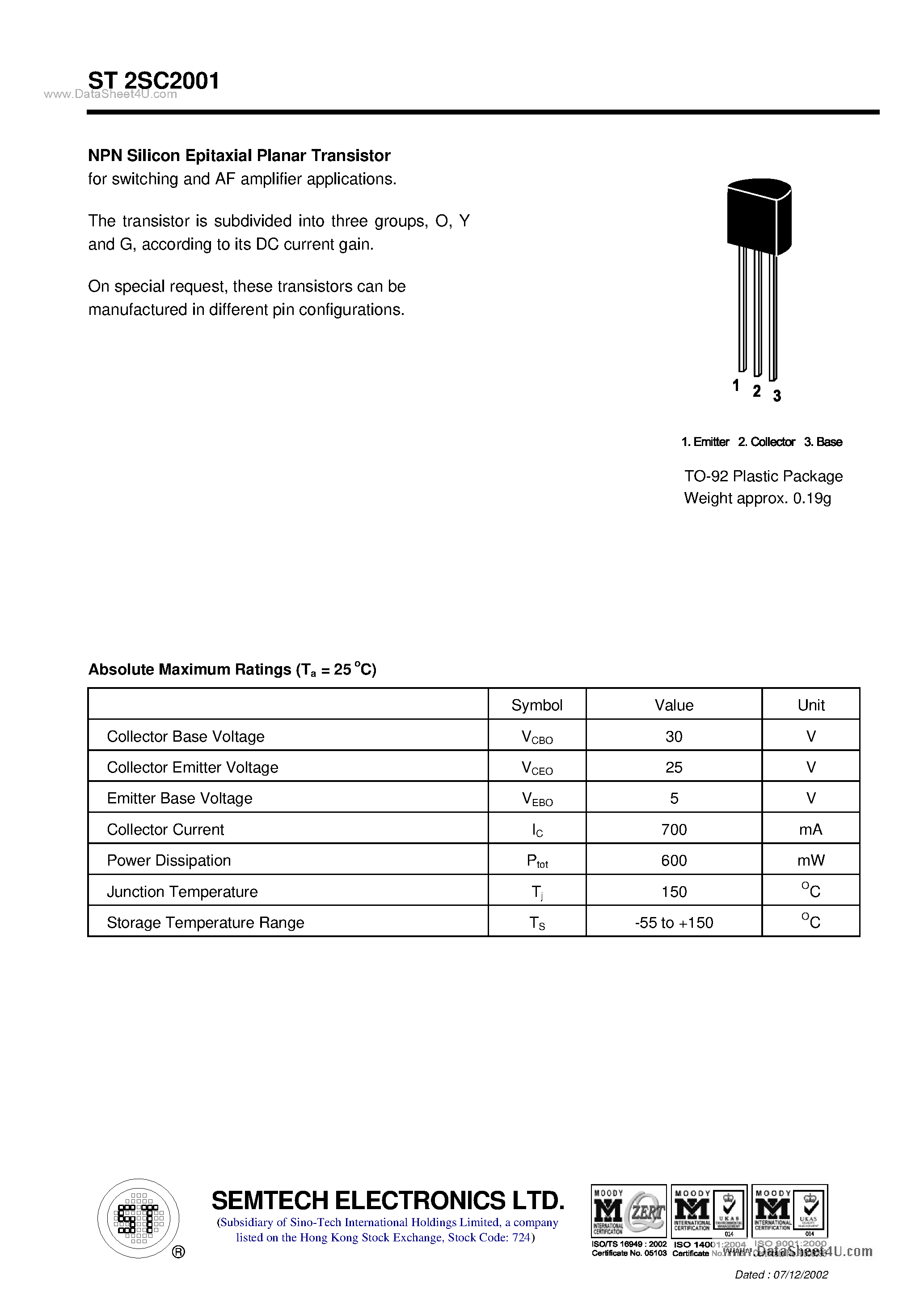 Даташит ST2SC2001 - NPN Silicon Epitaxial Planar Transistor страница 1