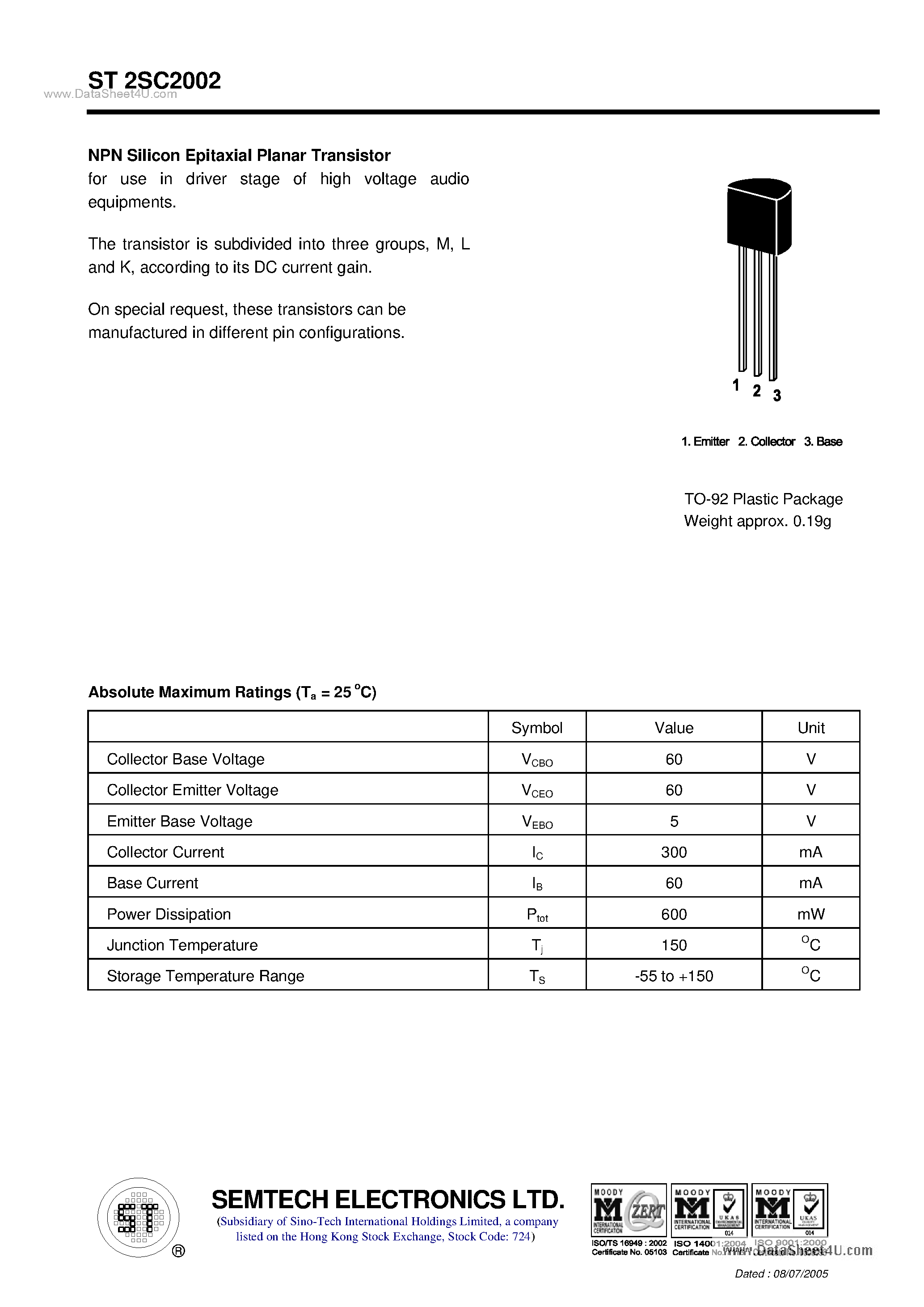 Даташит ST2SC2002 - NPN Silicon Epitaxial Planar Transistor страница 1