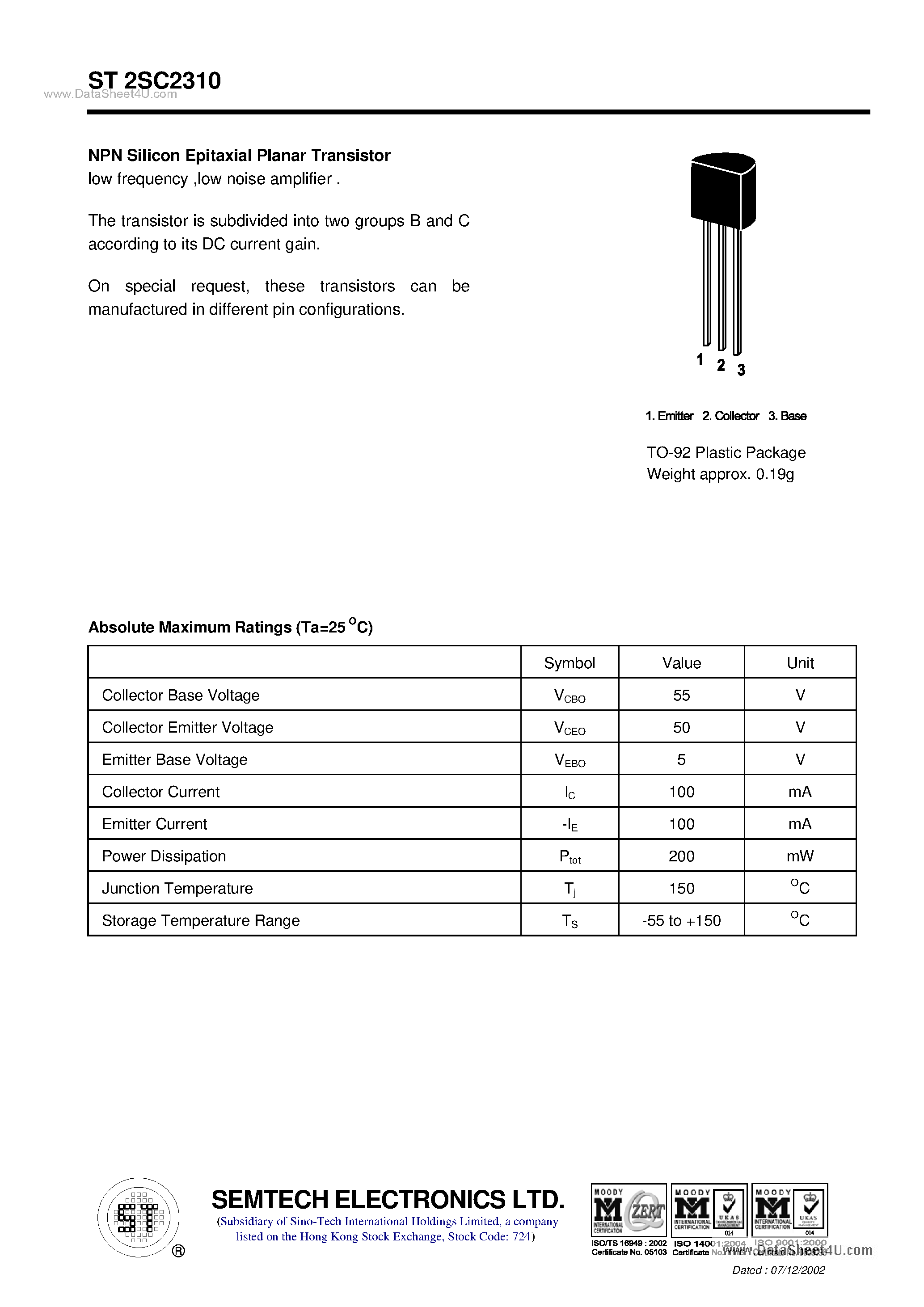 Даташит ST2SC2310 - NPN Silicon Epitaxial Planar Transistor страница 1