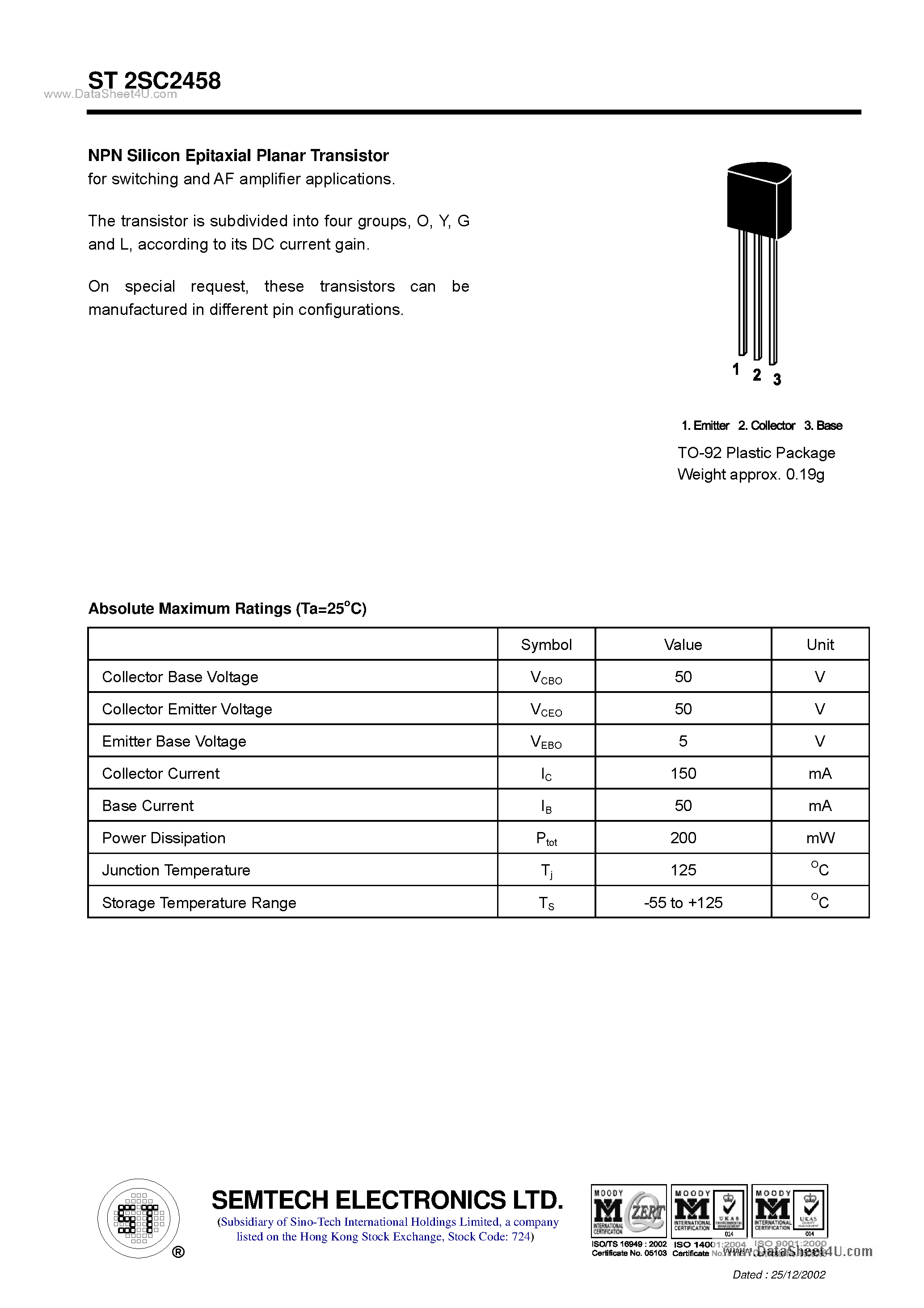 Даташит ST2SC2458 - NPN Silicon Epitaxial Planar Transistor страница 1