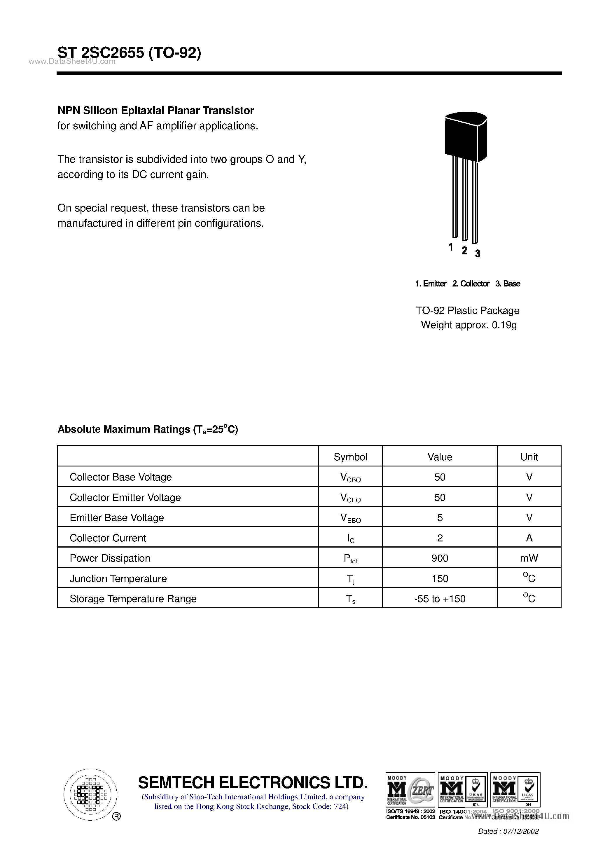 Даташит ST2SC2655 - NPN Silicon Epitaxial Planar Transistor страница 1