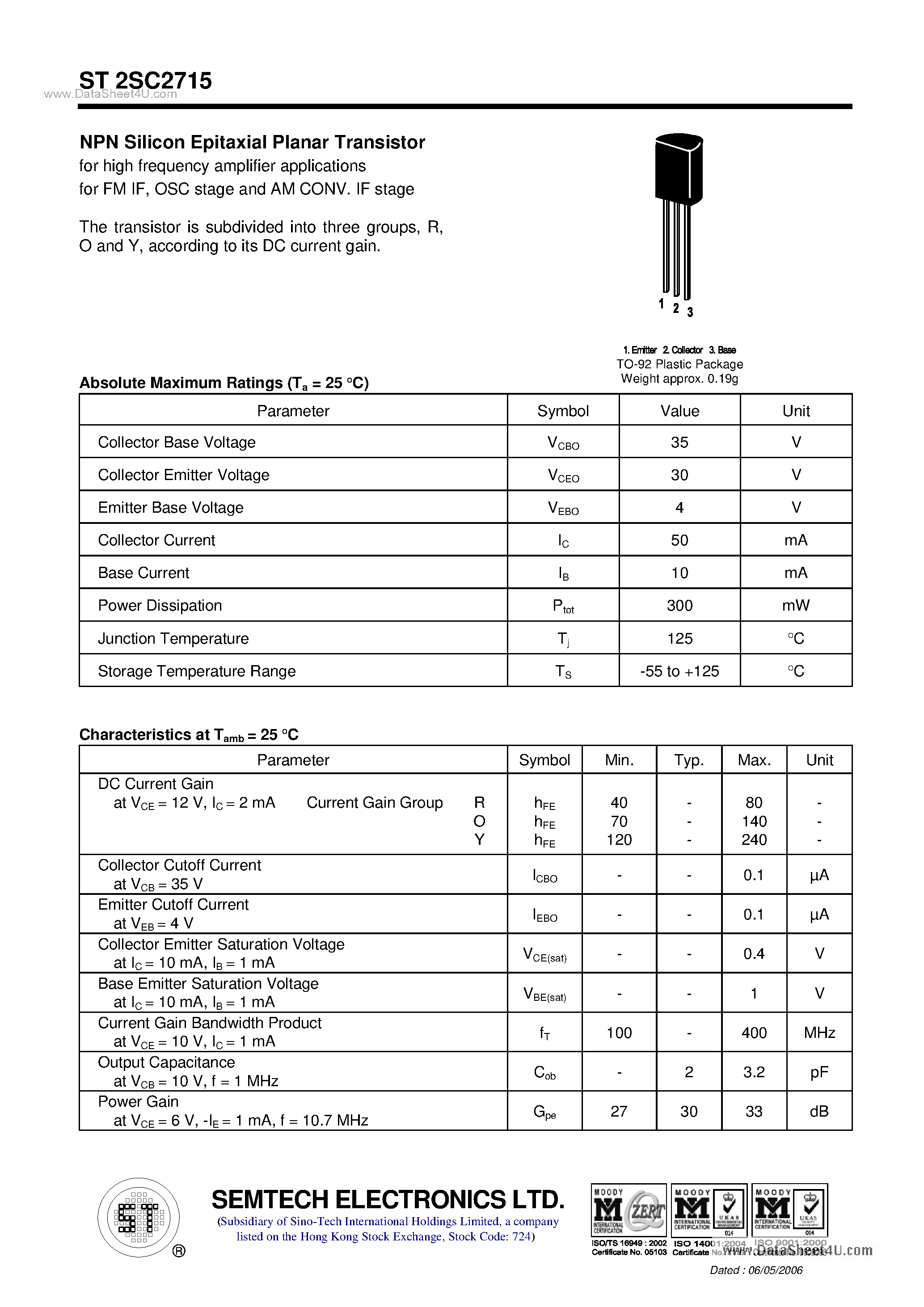 Даташит ST2SC2715 - NPN Silicon Epitaxial Planar Transistor страница 1