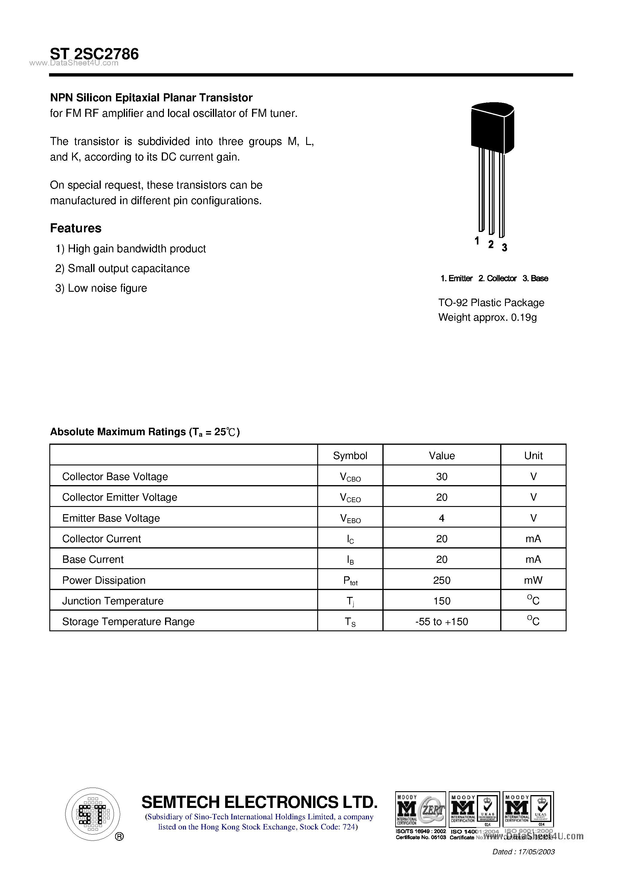 Даташит ST2SC2786 - NPN Silicon Epitaxial Planar Transistor страница 1