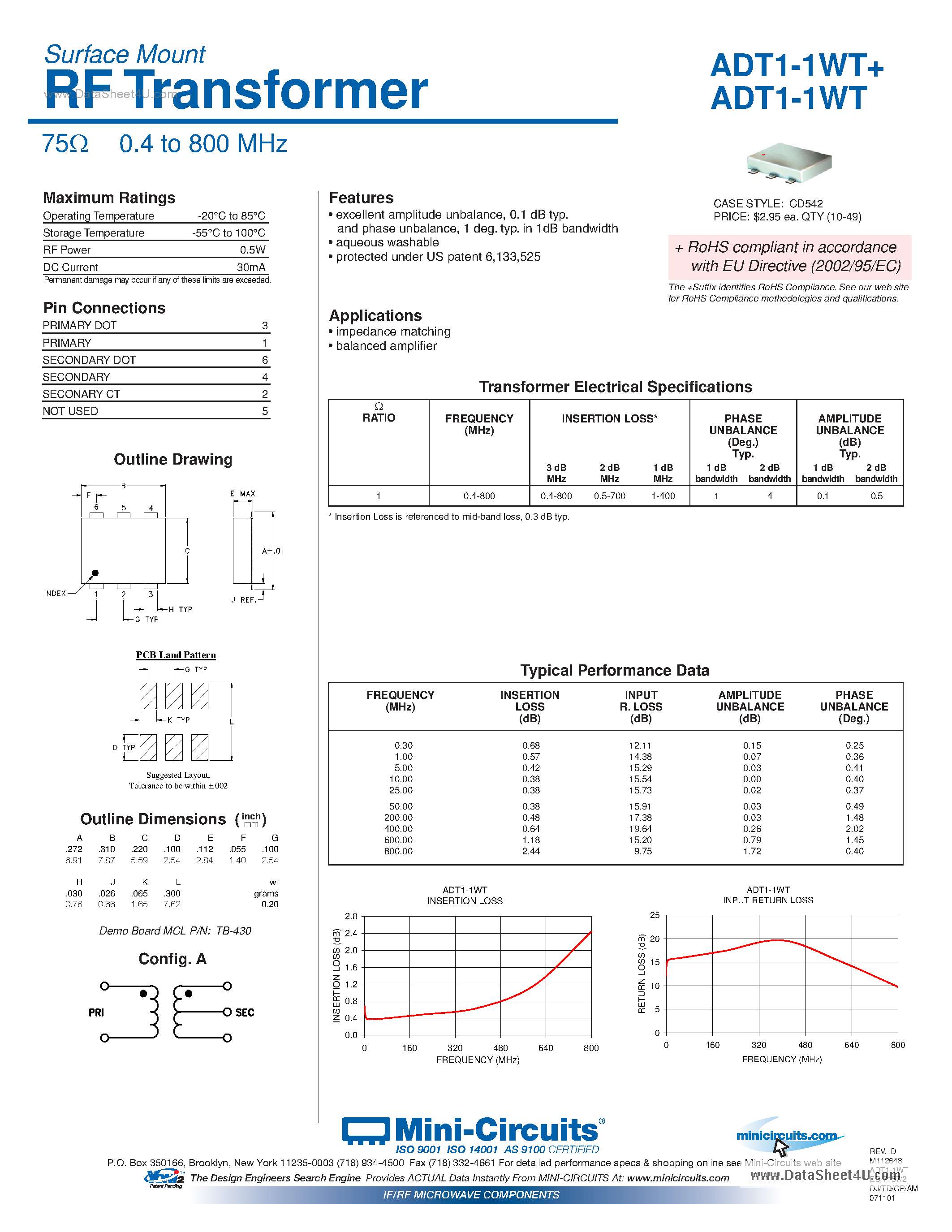 Datasheet ADT1-1WT - RF XFMR / SURF MOUNT /T&R/RoHS page 1