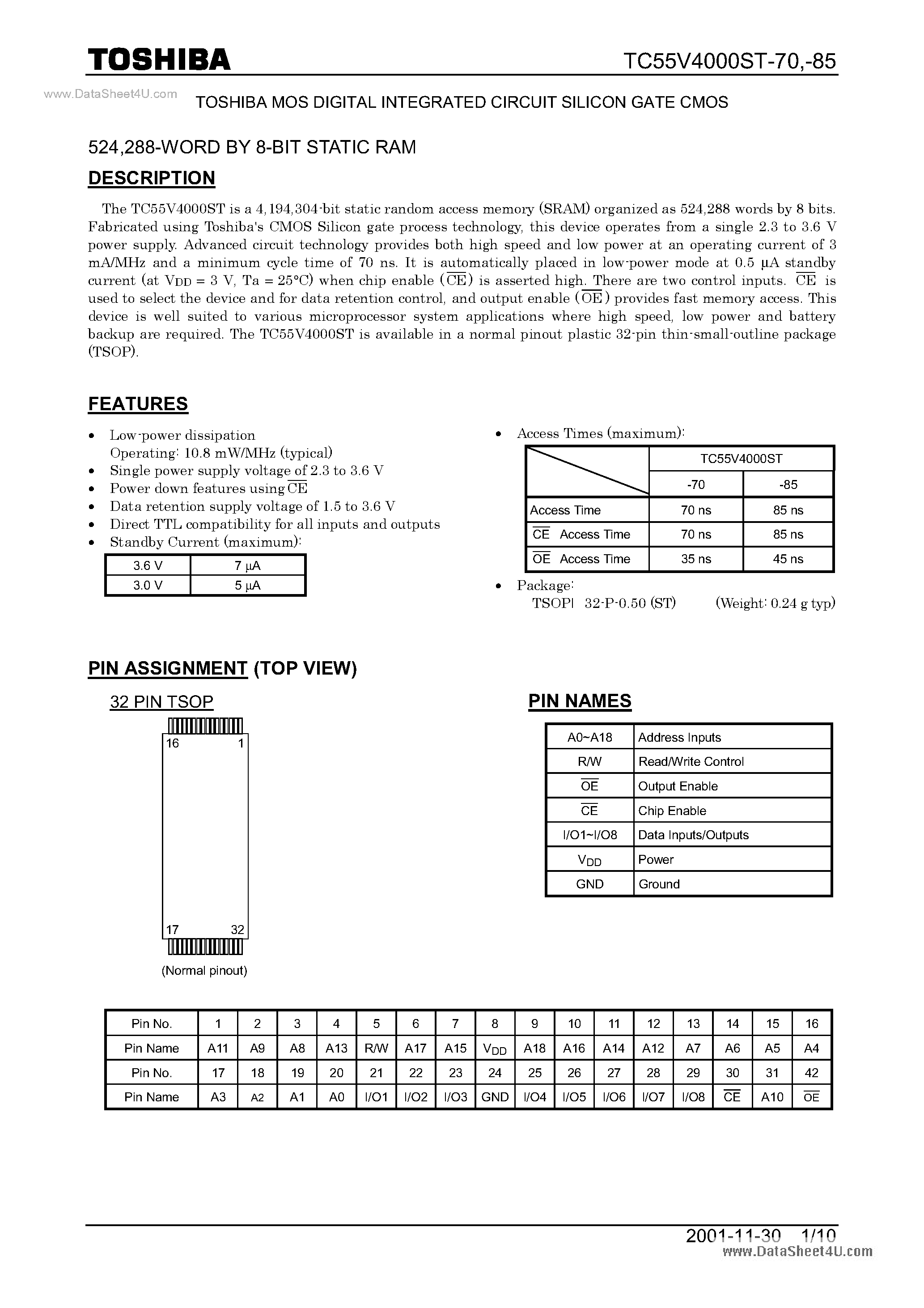 Datasheet TC55V4000ST-70 - 8-BIT STATIC RAM page 1