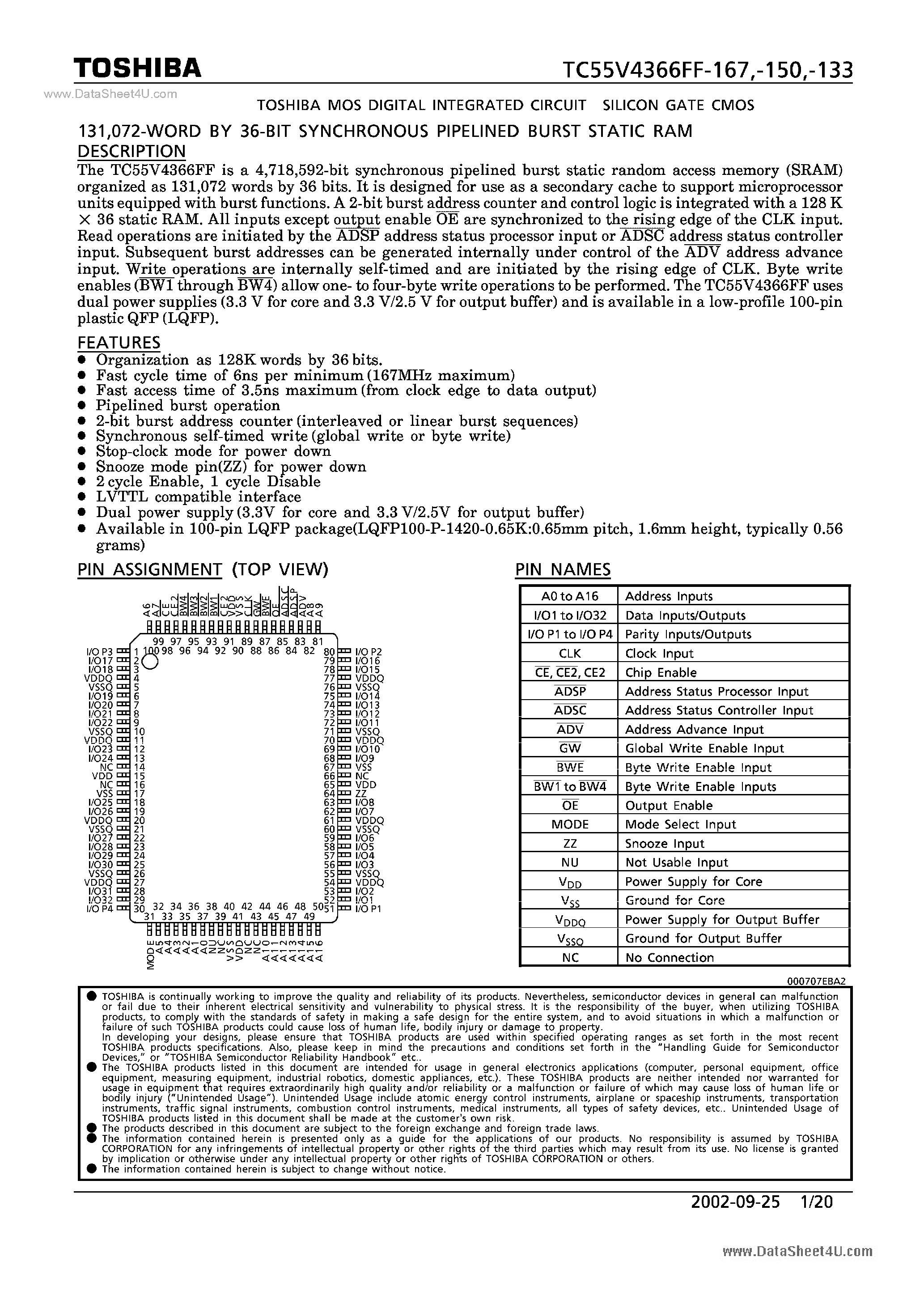 Datasheet TC55V4366FF-133 - MOS DIGITAL INTEGRATED CIRCUIT SILICON GATE CMOS page 1