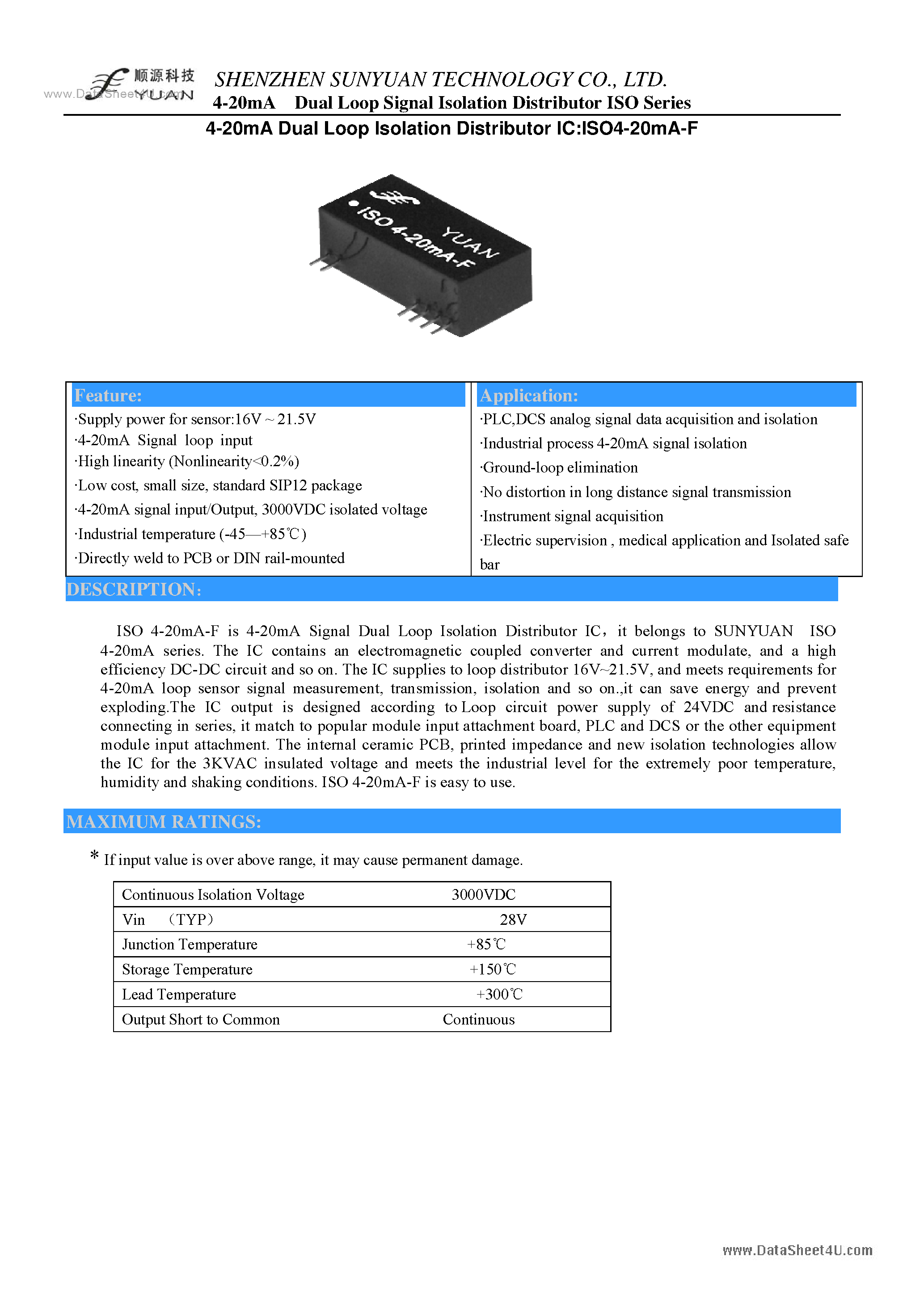 Даташит ISO4-20mA-F - Two wires powered to sensor страница 1