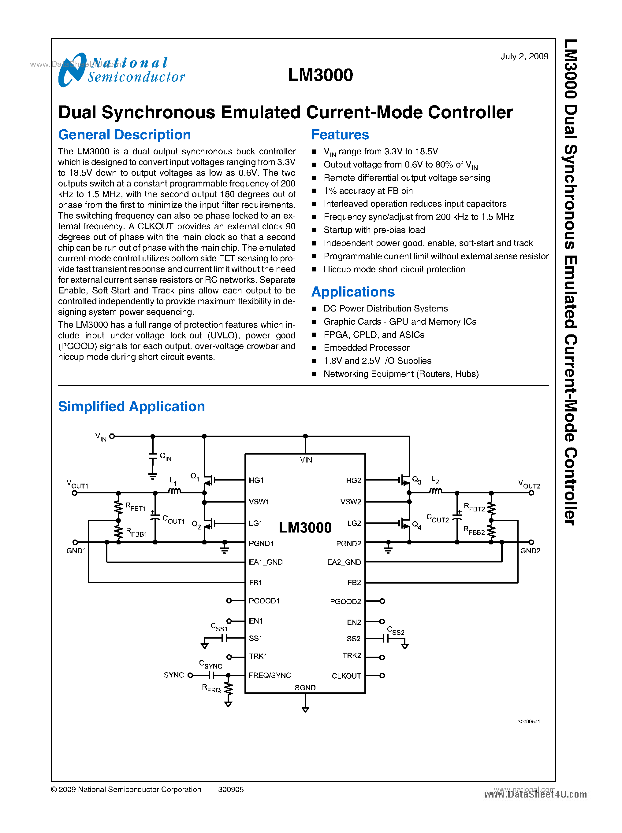 Datasheet LM3000 - Dual Synchronous Emulated Current Mode Controller page 1