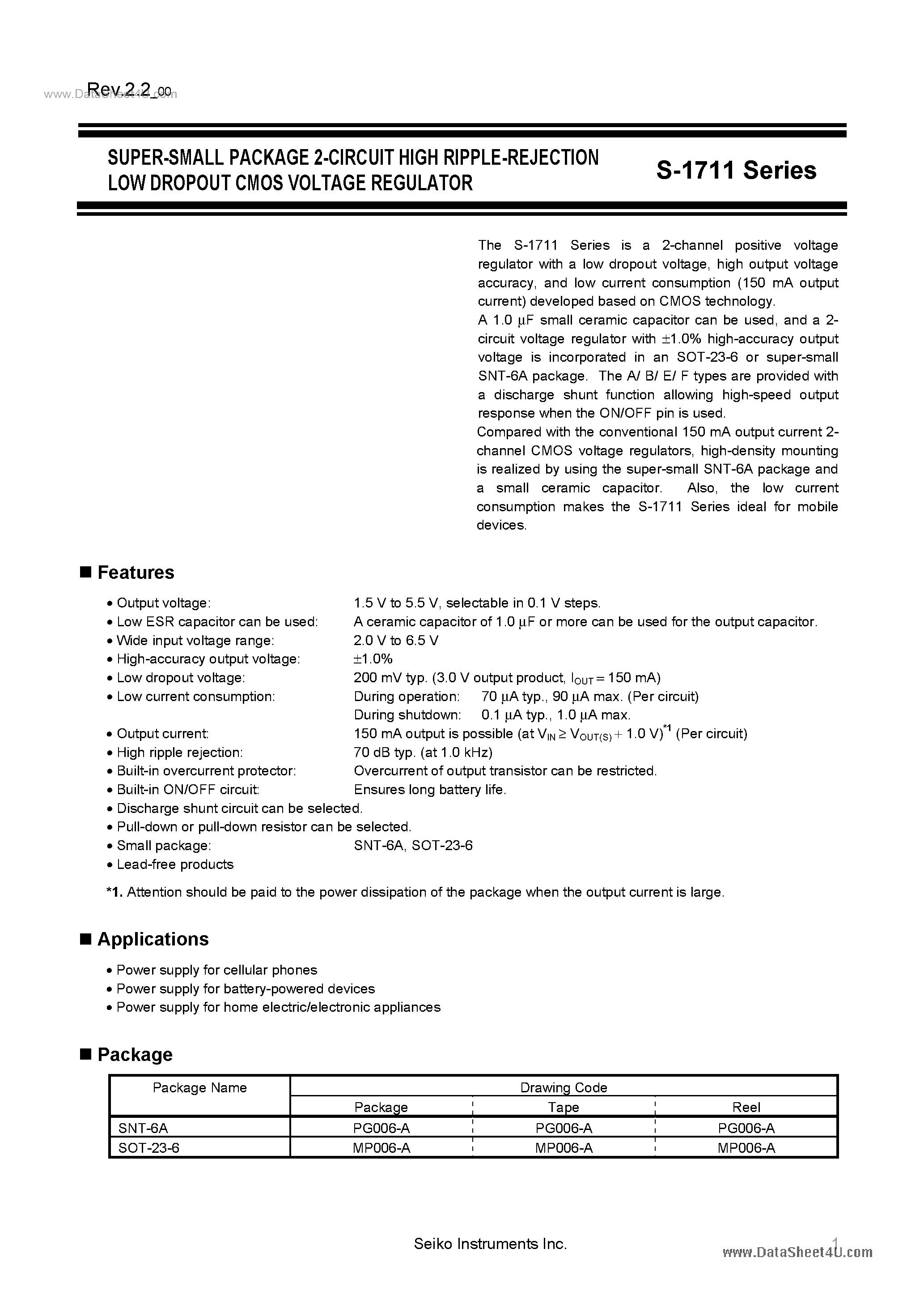 Даташит S-1711 - SUPER-SMALL PACKAGE 2-CIRCUIT HIGH RIPPLE-REJECTION страница 1