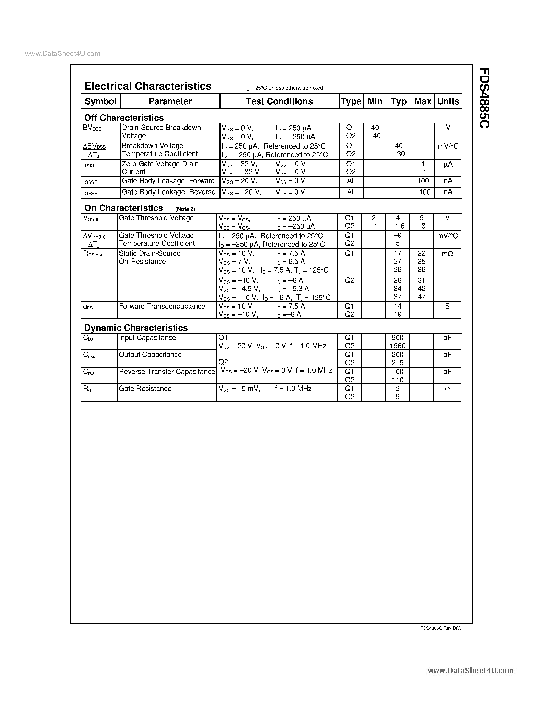 Datasheet FDS4885C - Dual N & P-Channel PowerTrench MOSFET page 2