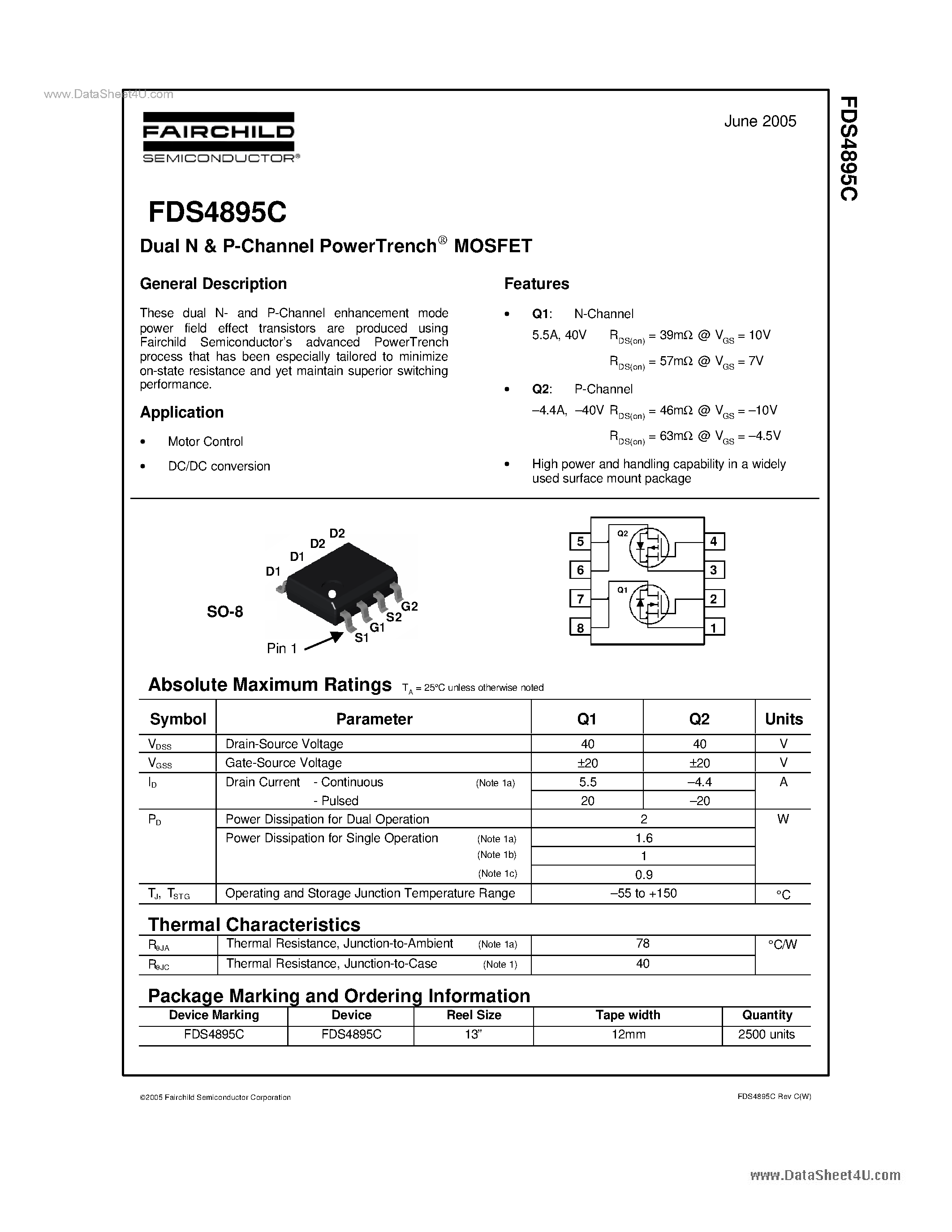 Datasheet FDS4895C - Dual N & P-Channel PowerTrench MOSFET page 1