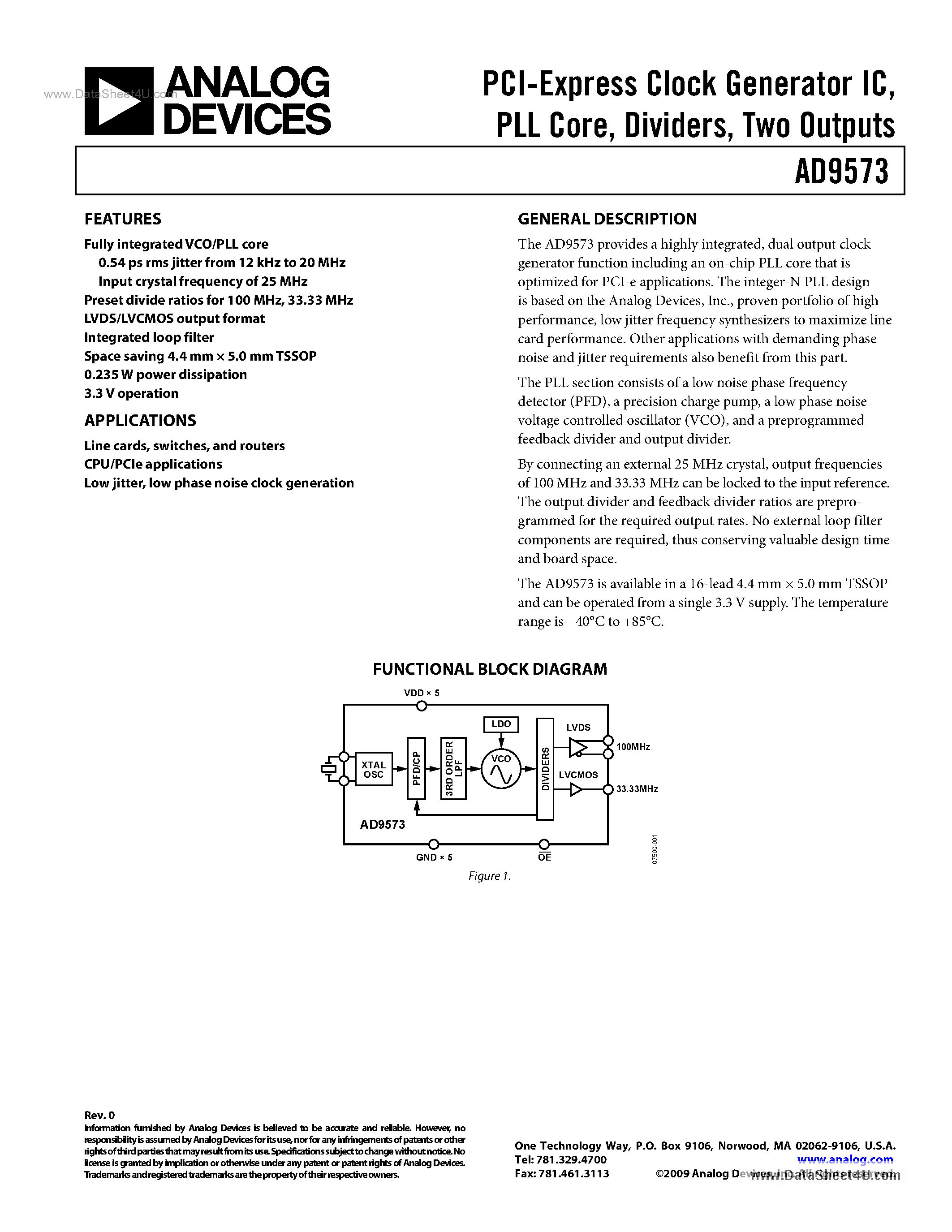 Datasheet AD9573 - PCI-Express Clock Generator IC page 1