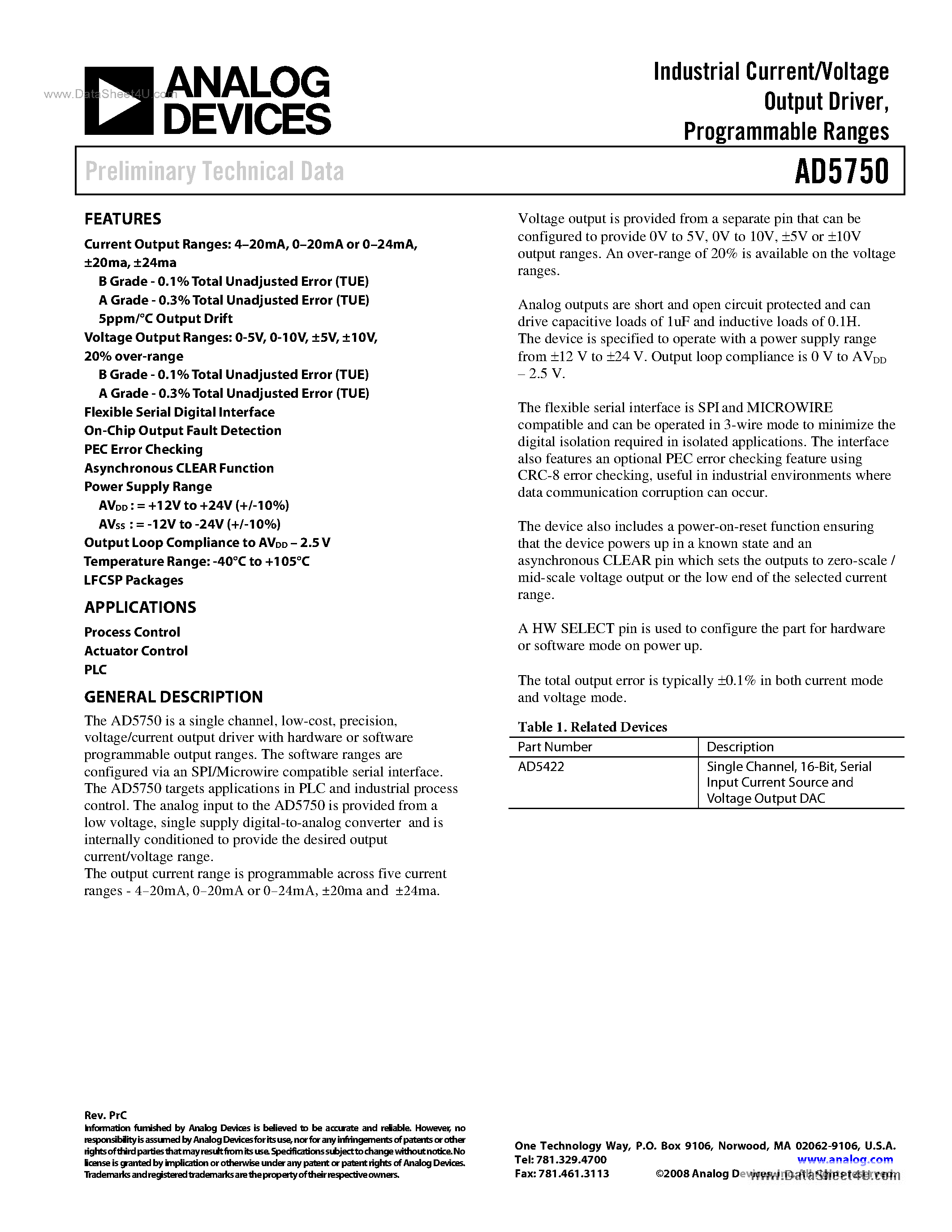 Datasheet AD5750 - Industrial Current/Voltage Output Driver page 1