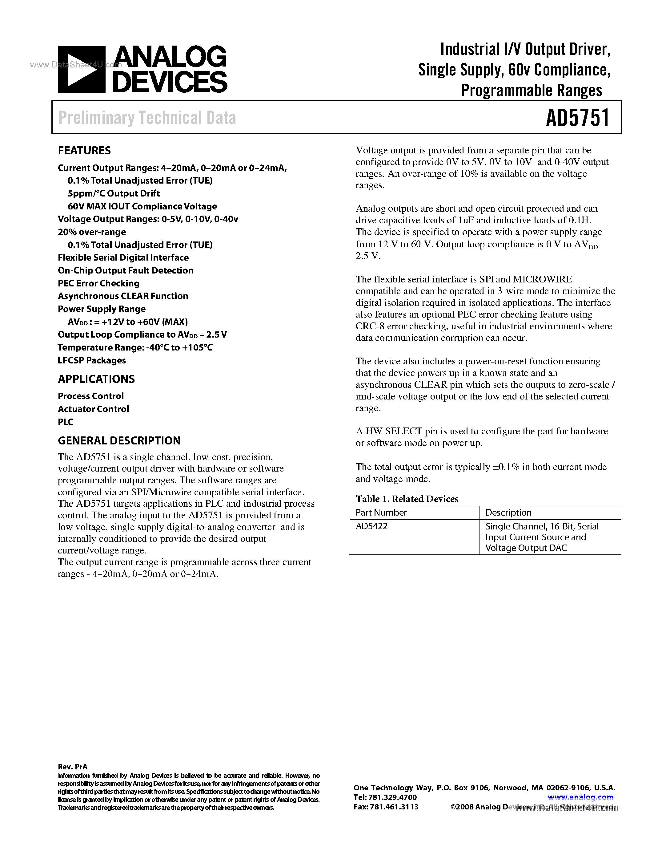 Datasheet AD5751 - Industrial I/V Output Driver page 1